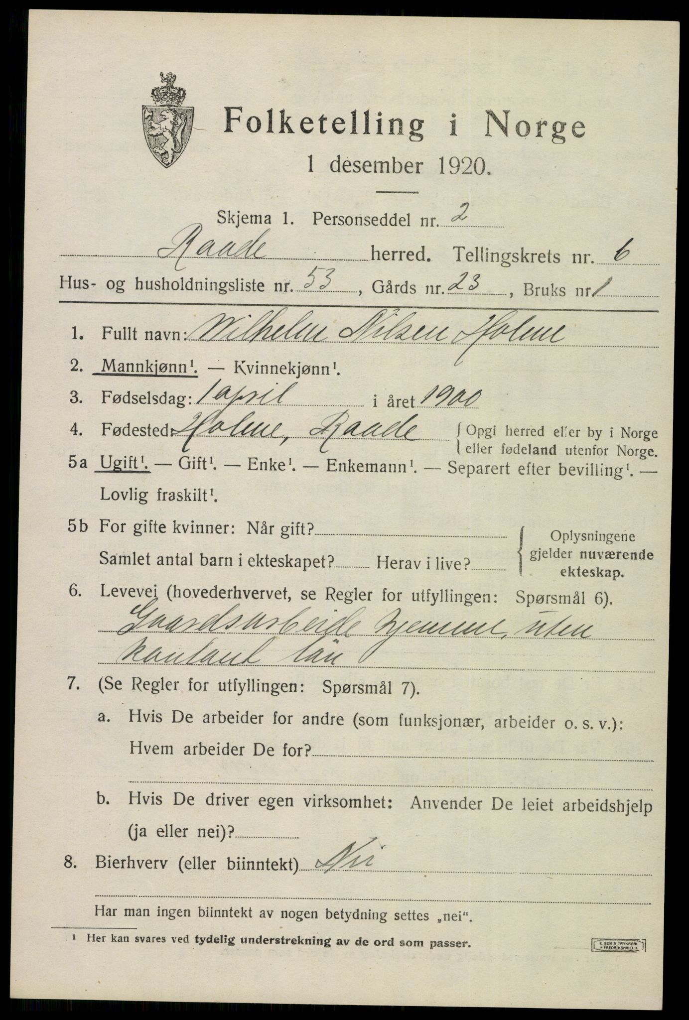 SAO, 1920 census for Råde, 1920, p. 6181