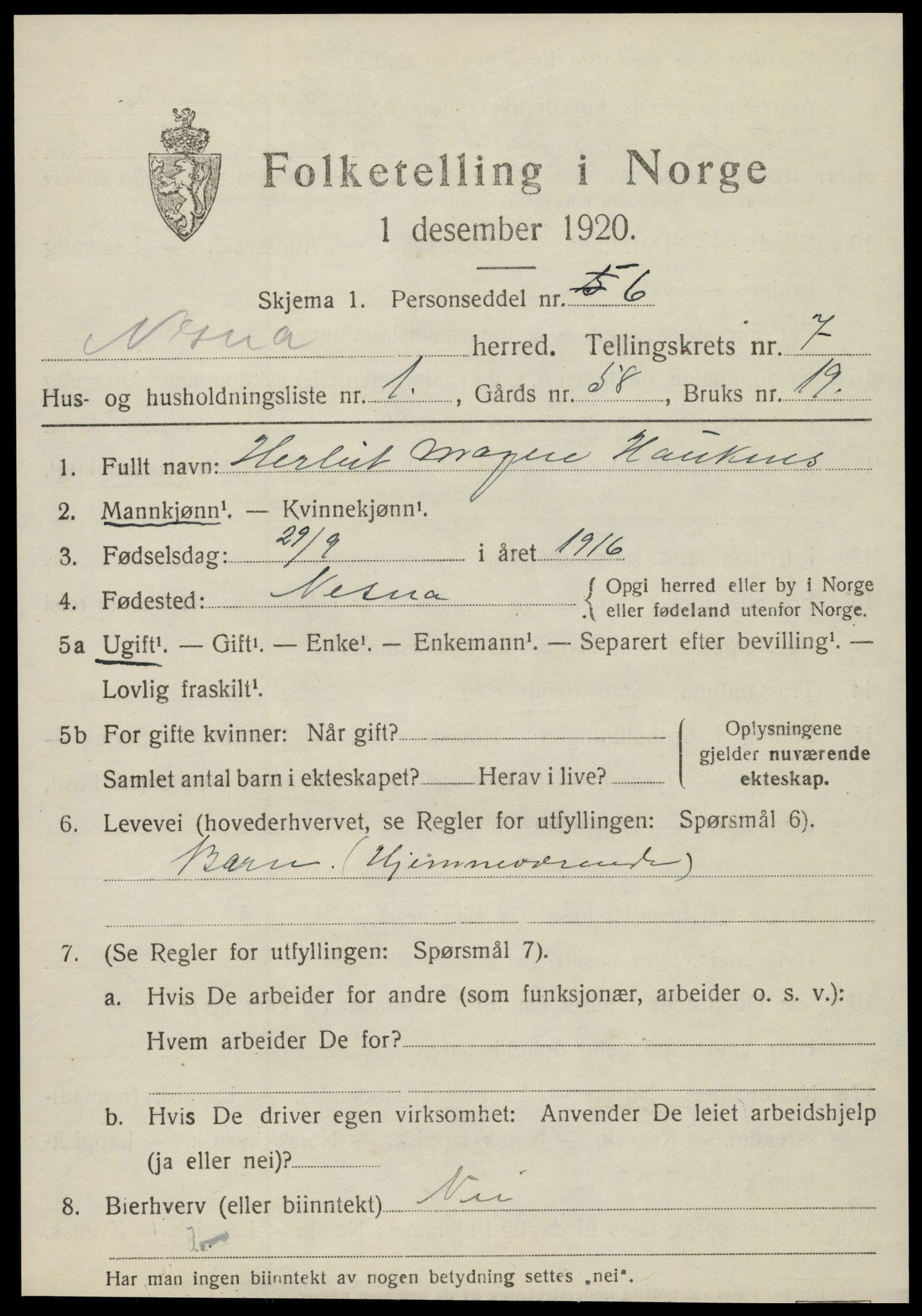 SAT, 1920 census for Nesna, 1920, p. 5205