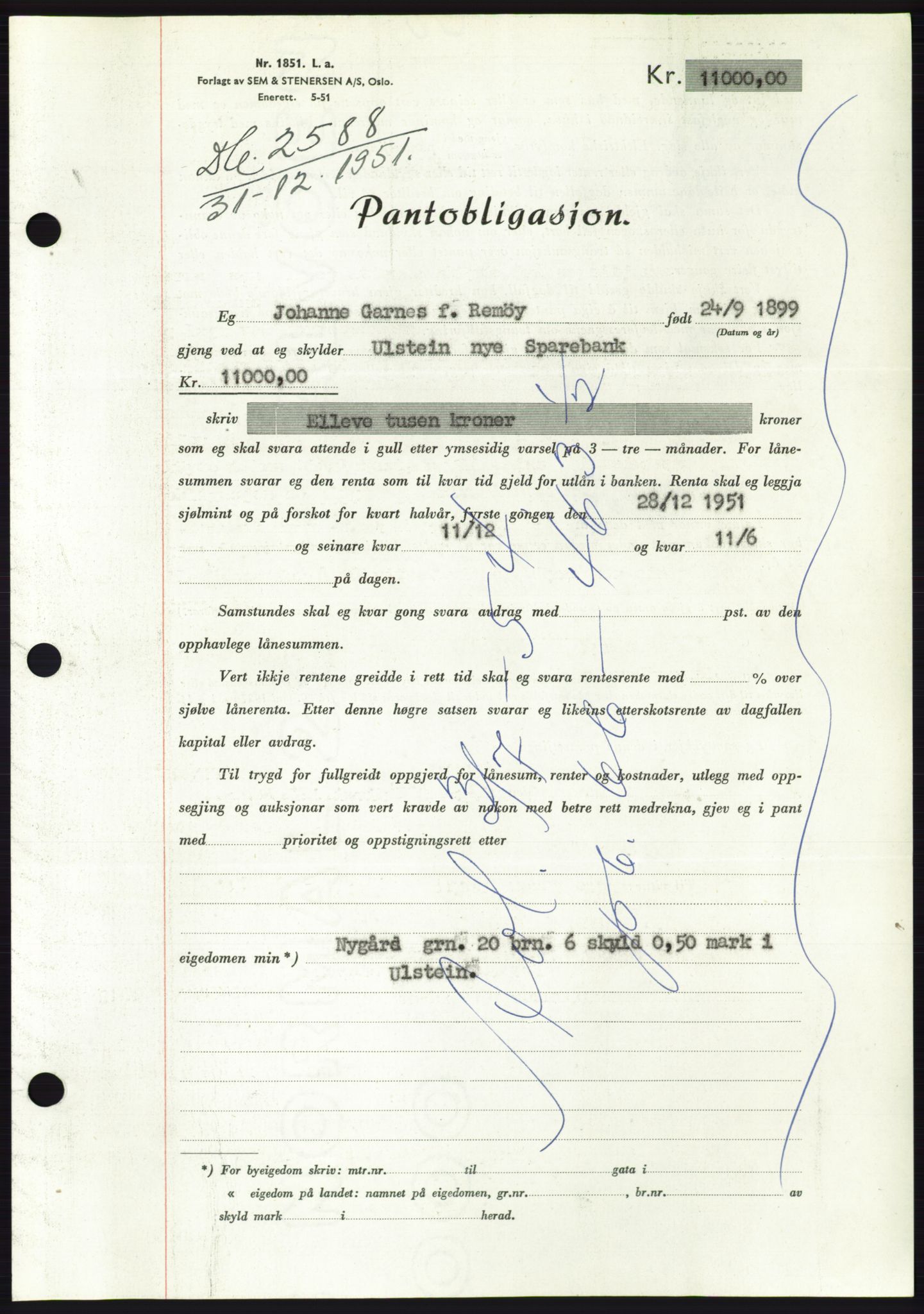 Søre Sunnmøre sorenskriveri, AV/SAT-A-4122/1/2/2C/L0121: Mortgage book no. 9B, 1951-1952, Diary no: : 2588/1951