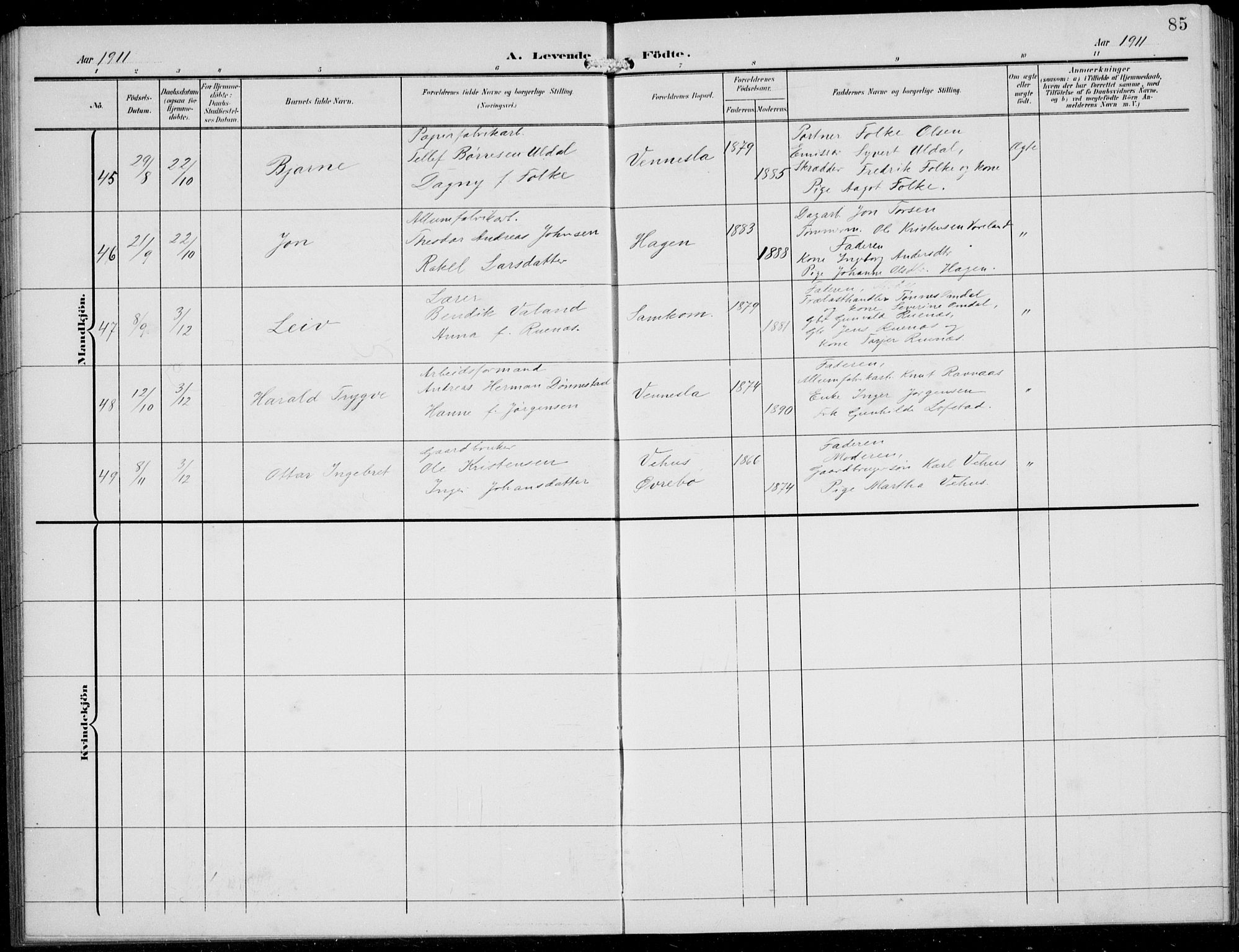 Vennesla sokneprestkontor, AV/SAK-1111-0045/Fb/Fbb/L0005: Parish register (copy) no. B 5, 1903-1913, p. 85