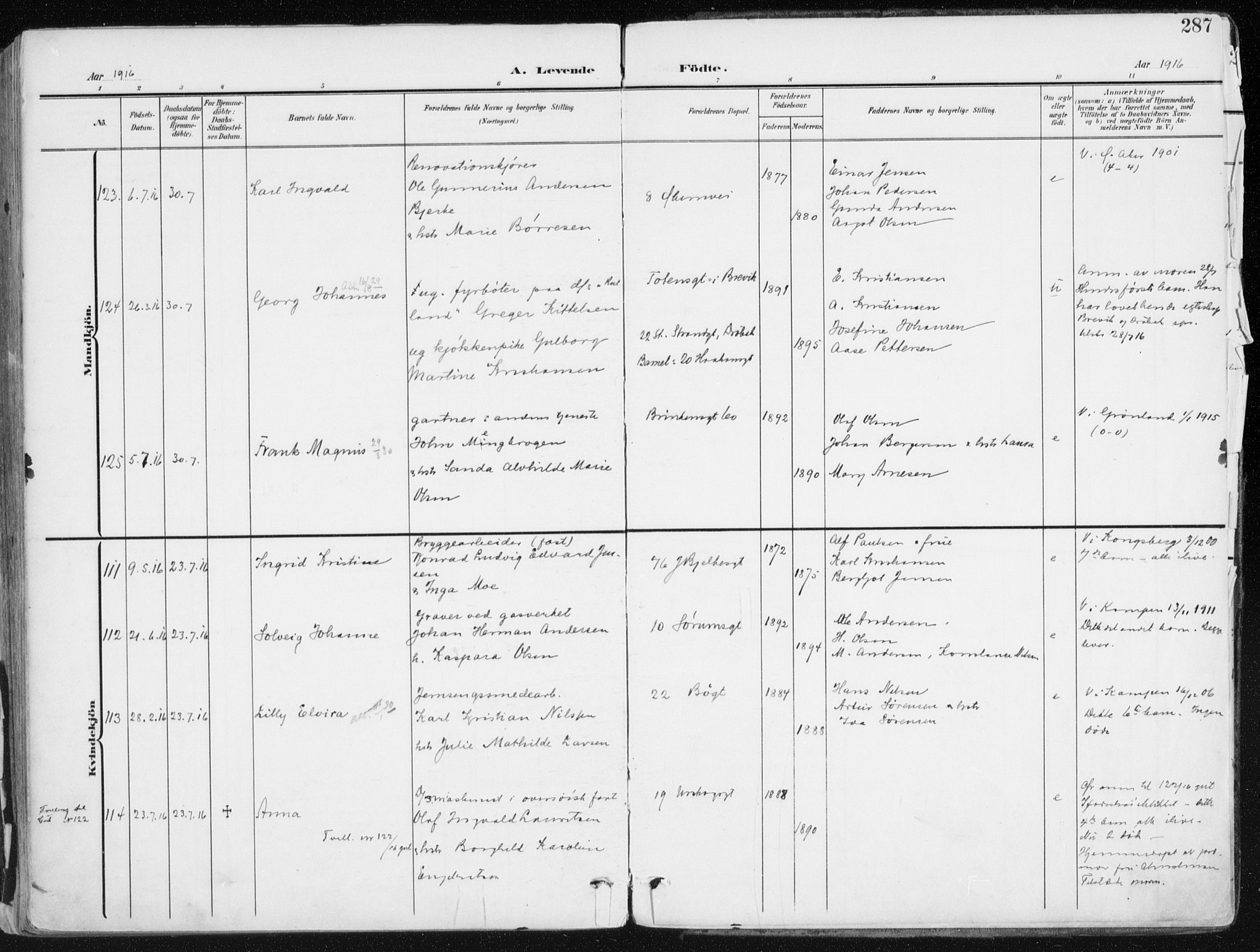 Kampen prestekontor Kirkebøker, AV/SAO-A-10853/F/Fa/L0010: Parish register (official) no. I 10, 1905-1917, p. 287