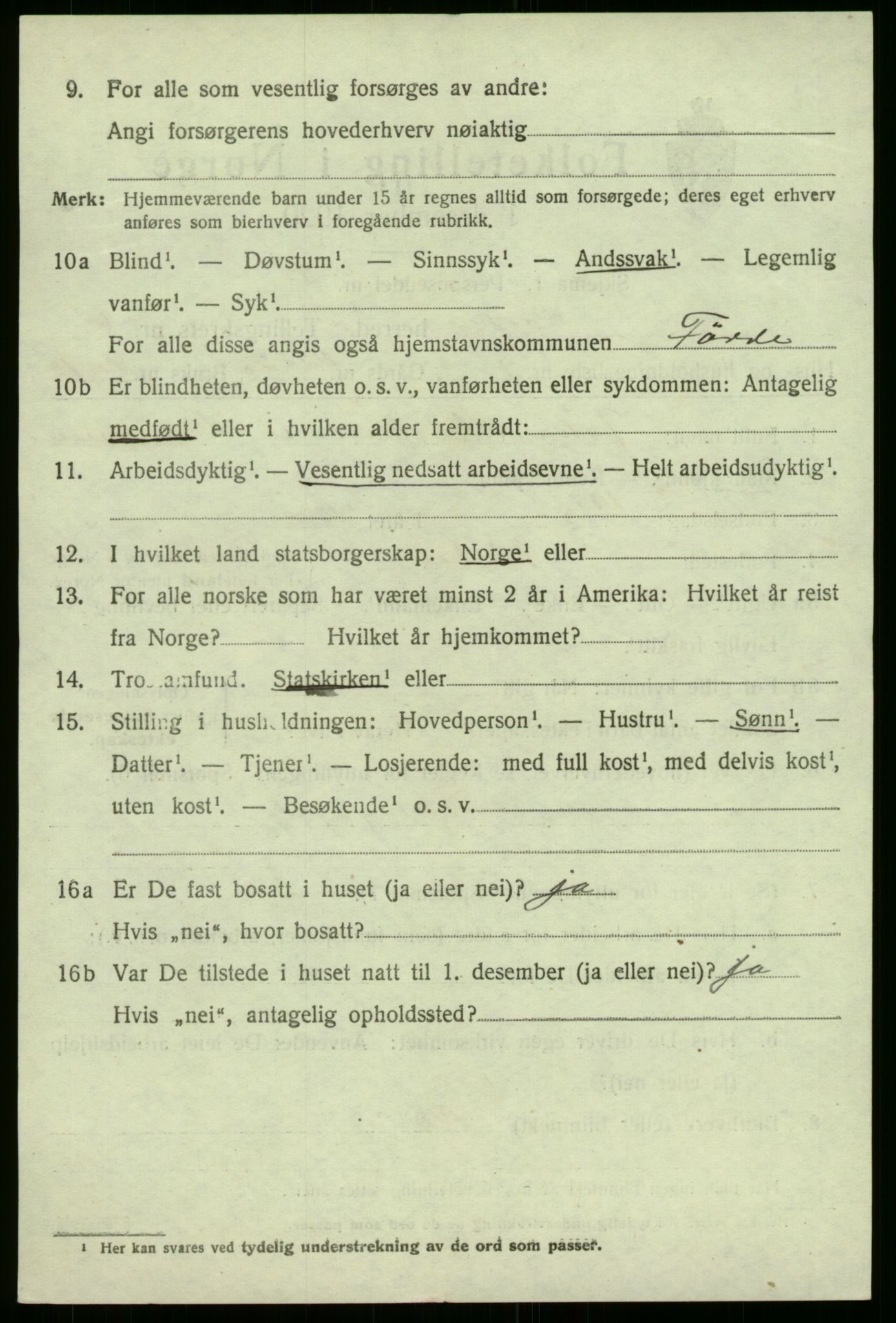 SAB, 1920 census for Førde, 1920, p. 2405