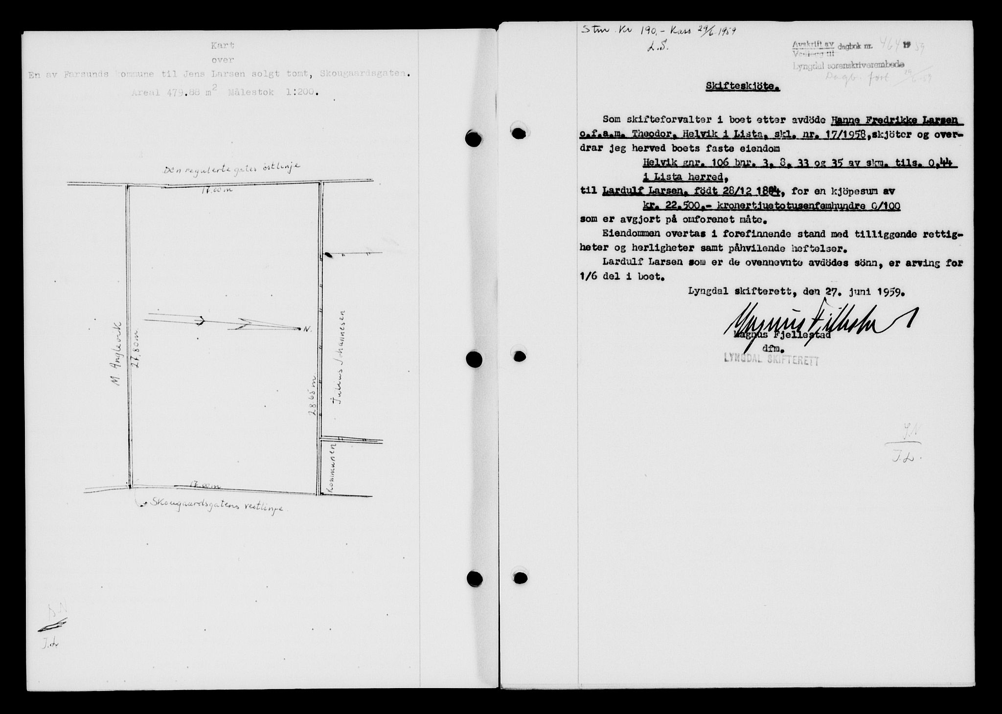 Lyngdal sorenskriveri, AV/SAK-1221-0004/G/Gb/L0678: Mortgage book no. A XXIV, 1958-1959, Diary no: : 464/1959