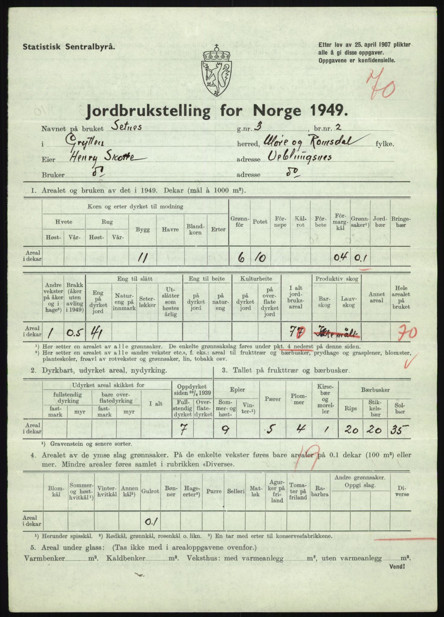 Statistisk sentralbyrå, Næringsøkonomiske emner, Jordbruk, skogbruk, jakt, fiske og fangst, AV/RA-S-2234/G/Gc/L0323: Møre og Romsdal: Grytten og Hen, 1949, p. 297