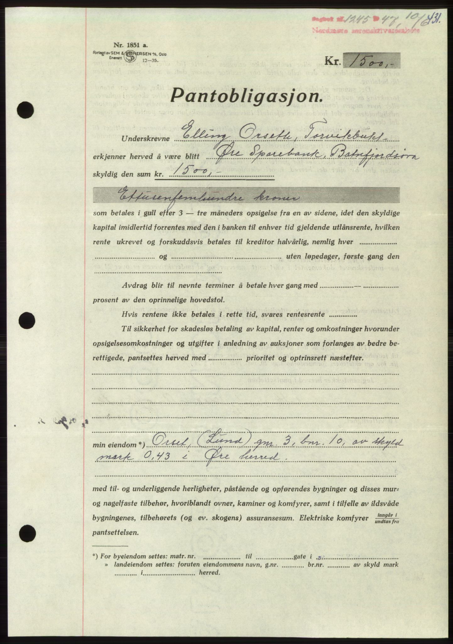 Nordmøre sorenskriveri, AV/SAT-A-4132/1/2/2Ca: Mortgage book no. B96, 1947-1947, Diary no: : 1245/1947