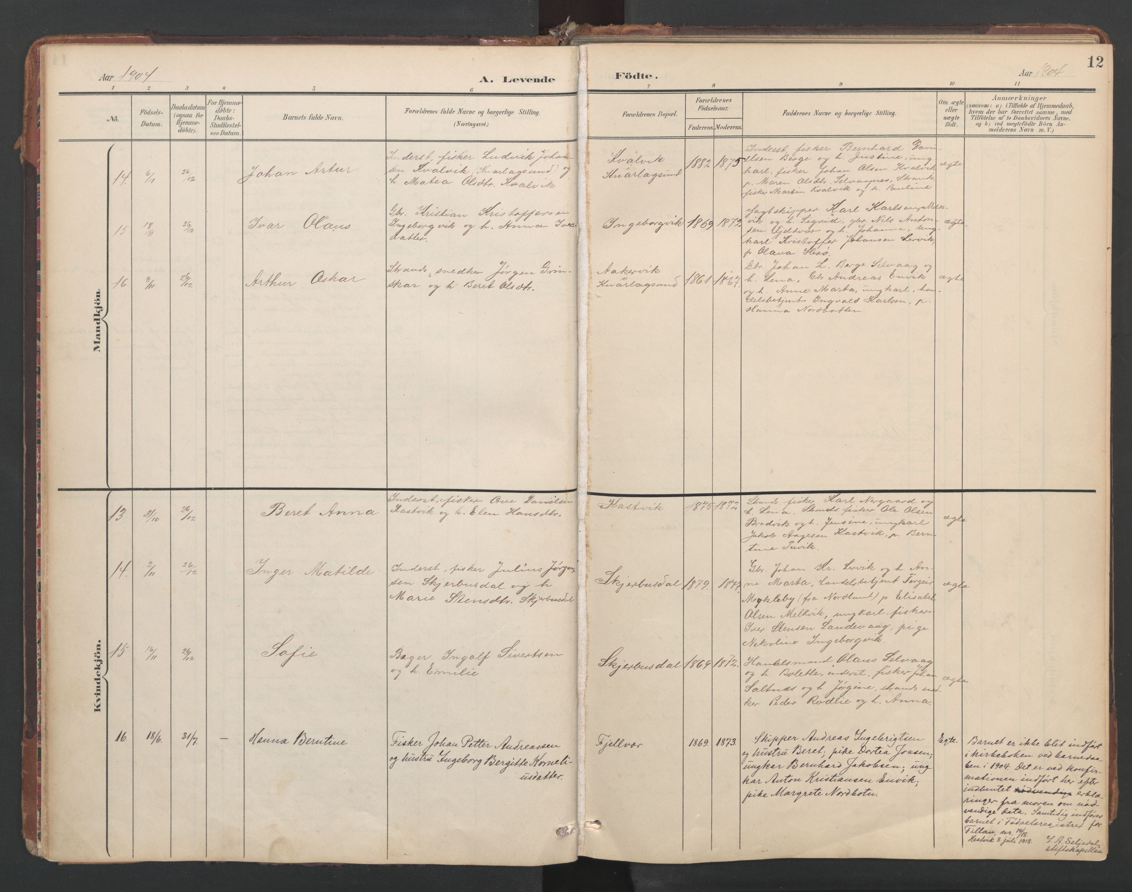 Ministerialprotokoller, klokkerbøker og fødselsregistre - Sør-Trøndelag, SAT/A-1456/638/L0568: Parish register (official) no. 638A01, 1901-1916, p. 12