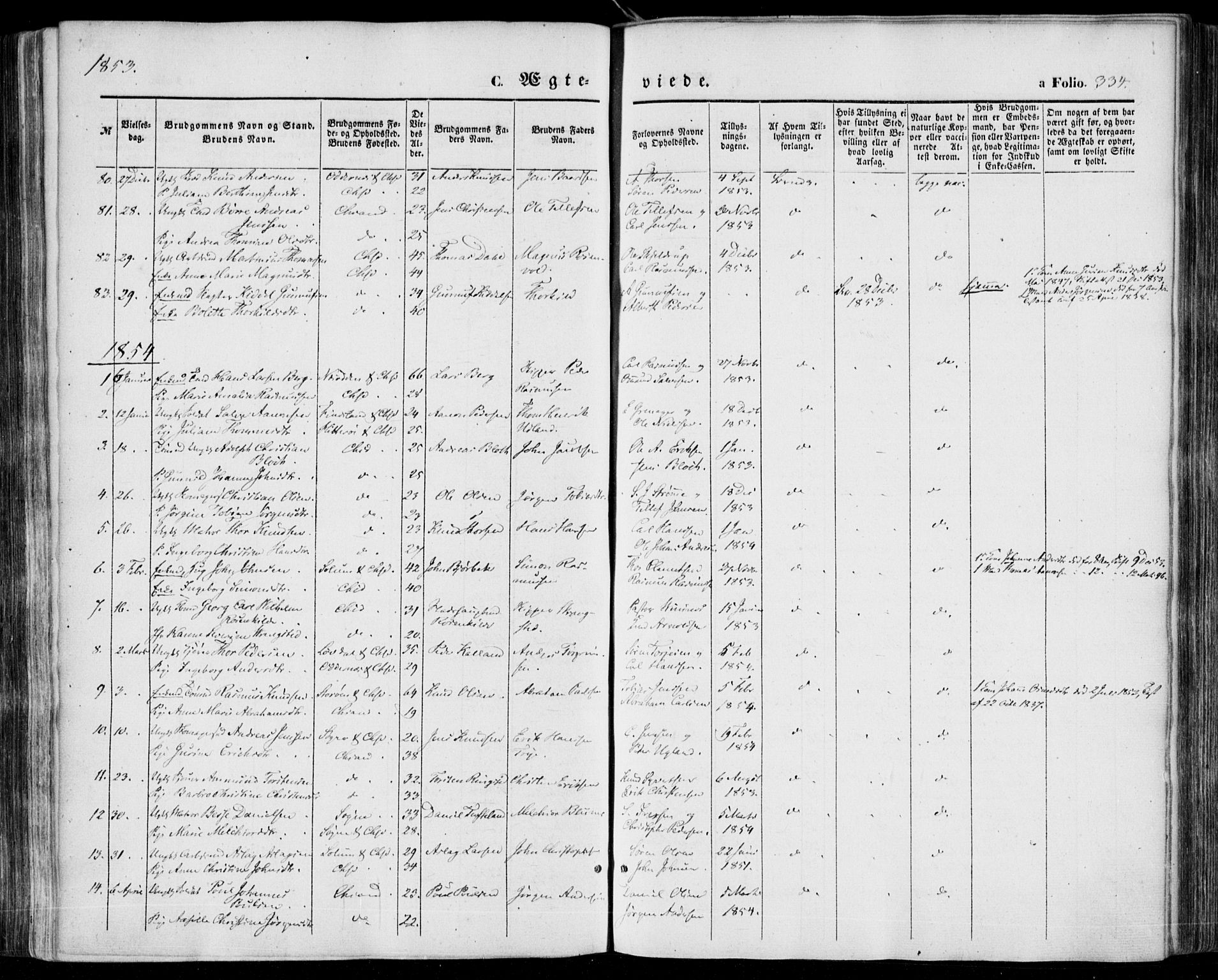 Kristiansand domprosti, SAK/1112-0006/F/Fa/L0014: Parish register (official) no. A 14, 1852-1867, p. 334