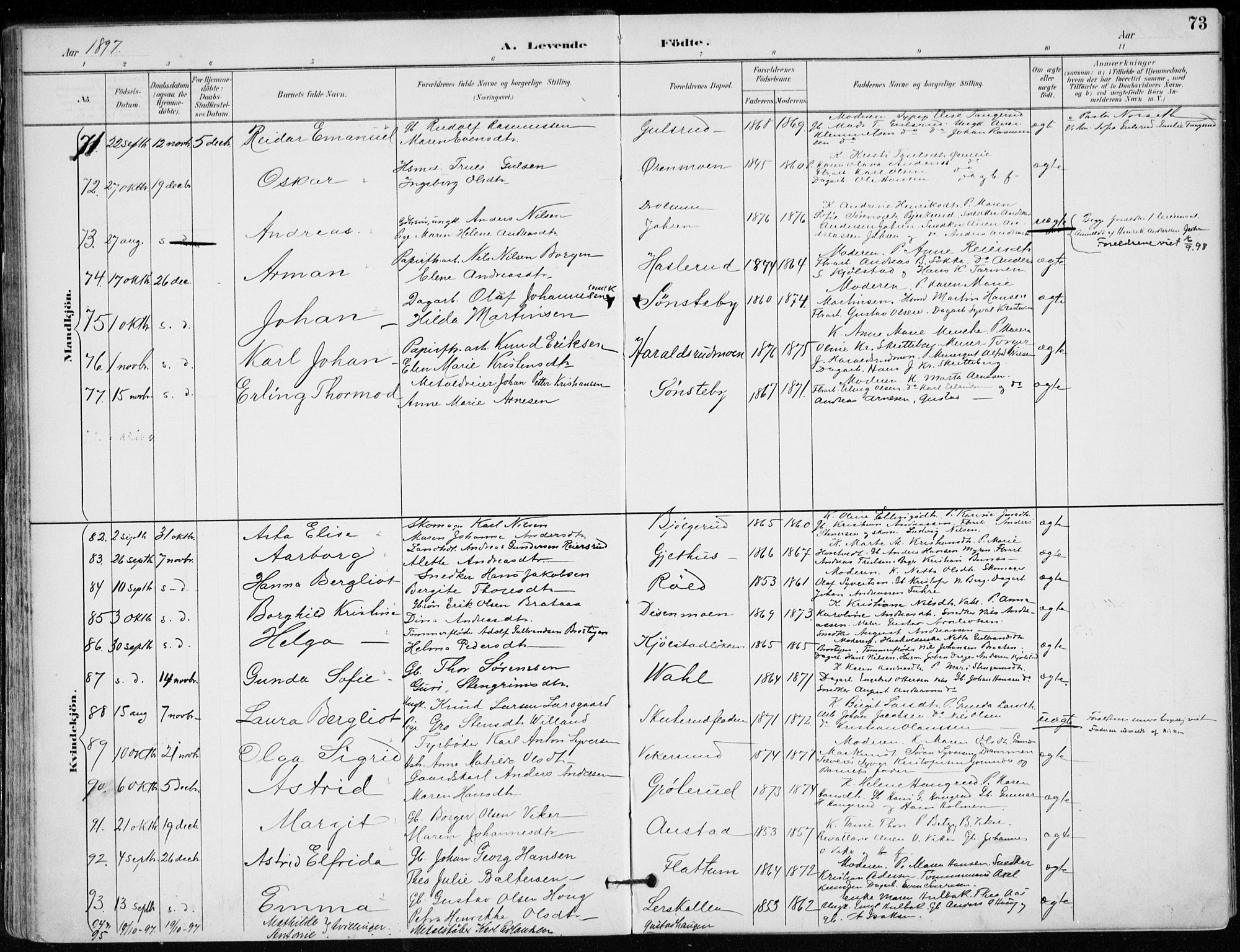 Modum kirkebøker, AV/SAKO-A-234/F/Fa/L0012: Parish register (official) no. 12, 1890-1898, p. 73