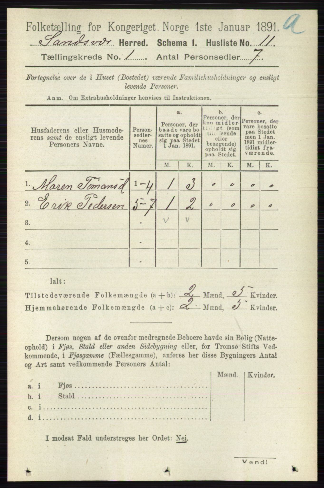 RA, 1891 census for 0629 Sandsvær, 1891, p. 52