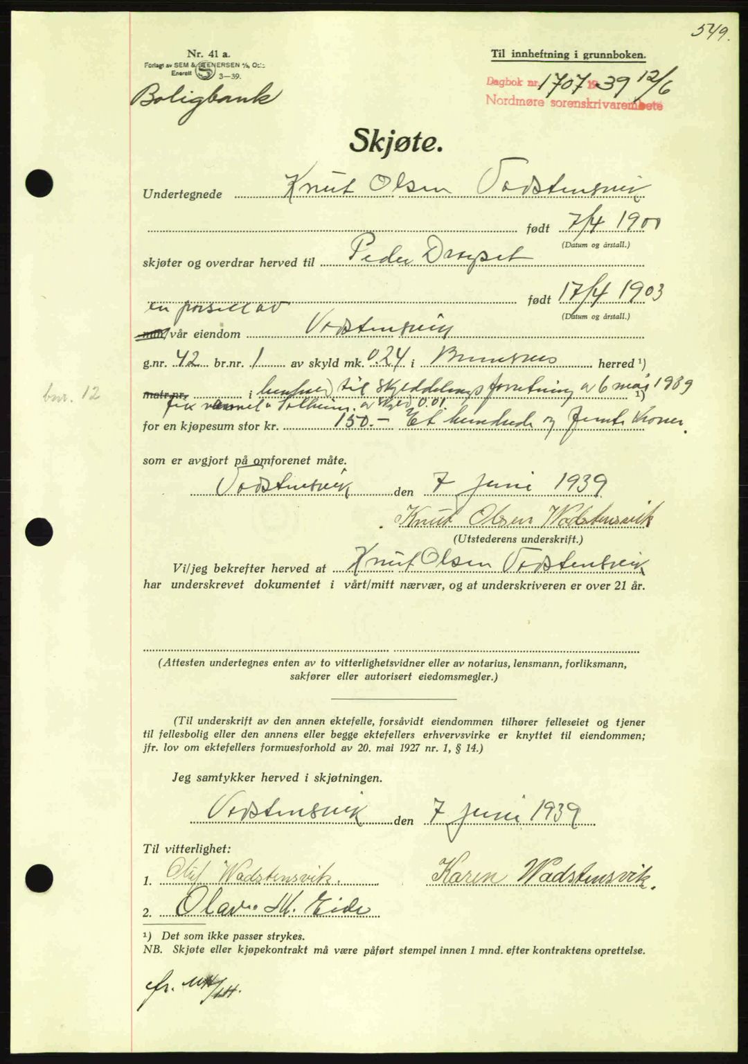 Nordmøre sorenskriveri, AV/SAT-A-4132/1/2/2Ca: Mortgage book no. A86, 1939-1939, Diary no: : 1707/1939