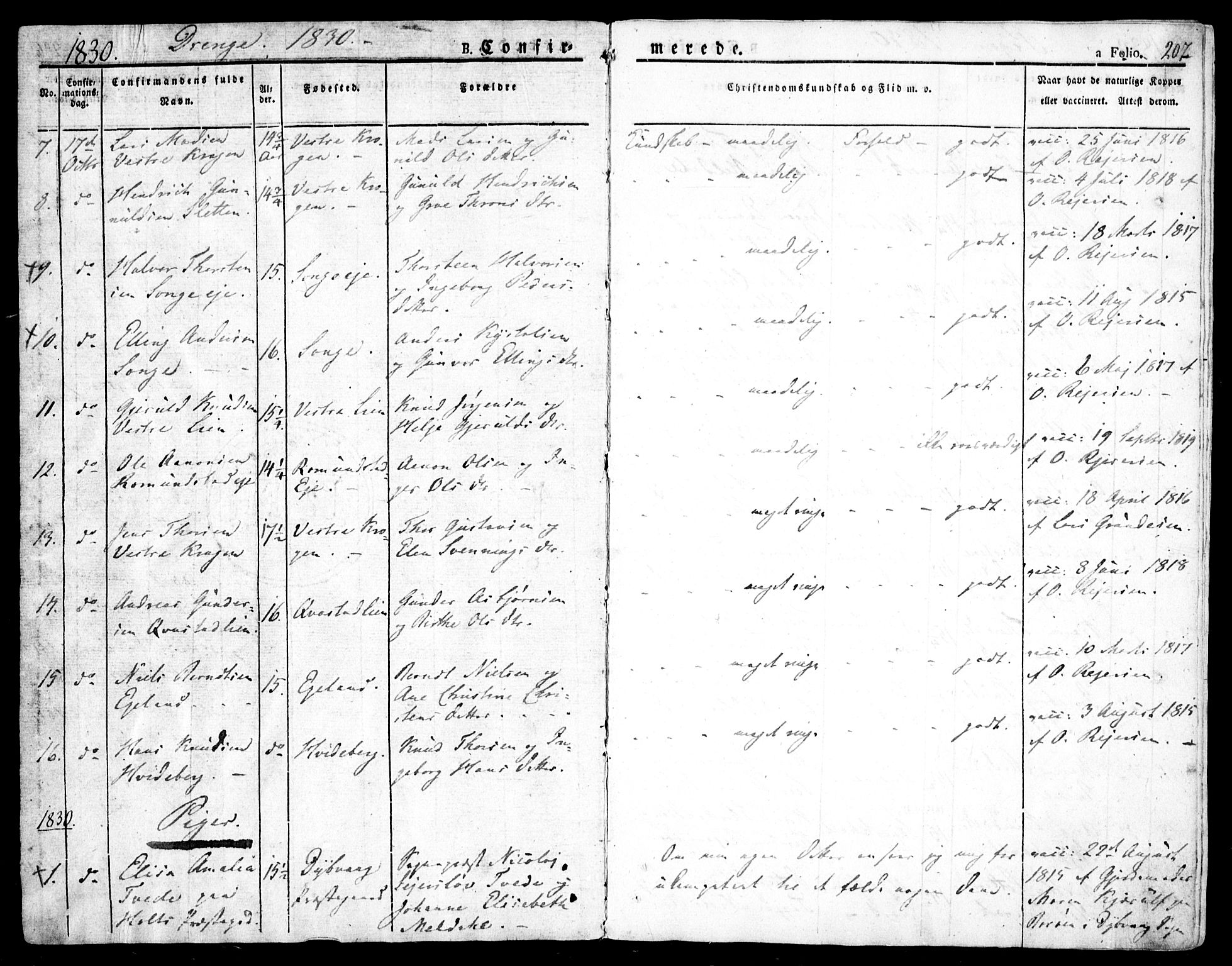 Holt sokneprestkontor, AV/SAK-1111-0021/F/Fa/L0006: Parish register (official) no. A 6, 1820-1835, p. 207