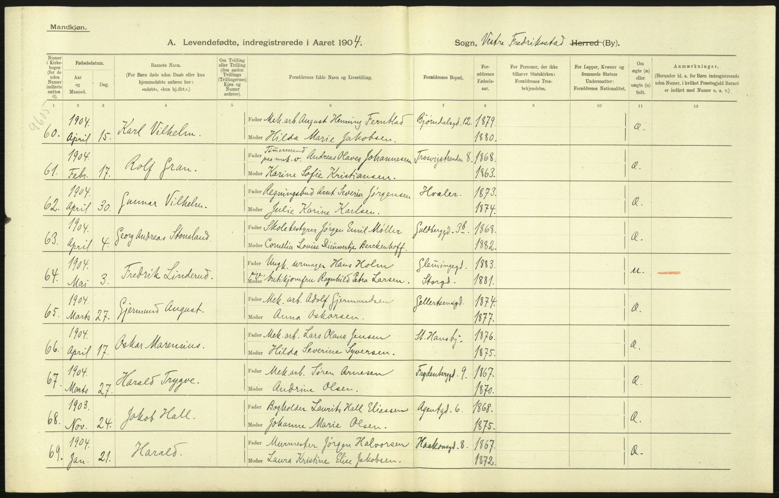 Statistisk sentralbyrå, Sosiodemografiske emner, Befolkning, AV/RA-S-2228/D/Df/Dfa/Dfab/L0001: Smålenenes amt: Fødte, gifte, døde, 1904, p. 5