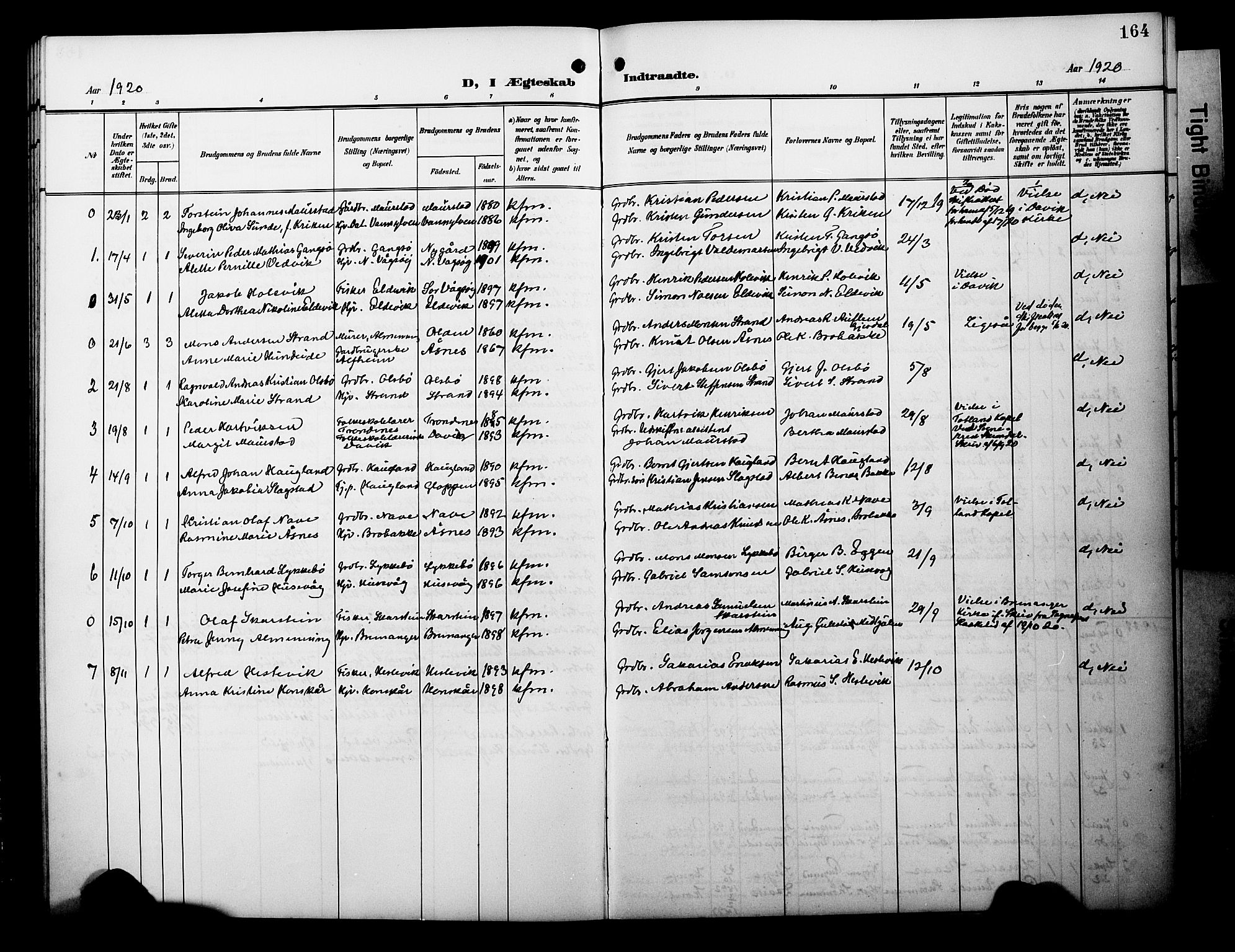 Davik sokneprestembete, AV/SAB-A-79701/H/Hab/Habc/L0003: Parish register (copy) no. C 3, 1907-1929, p. 164