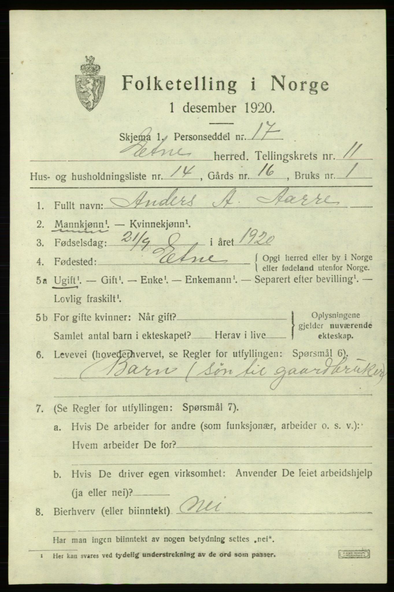 SAB, 1920 census for Etne, 1920, p. 4847