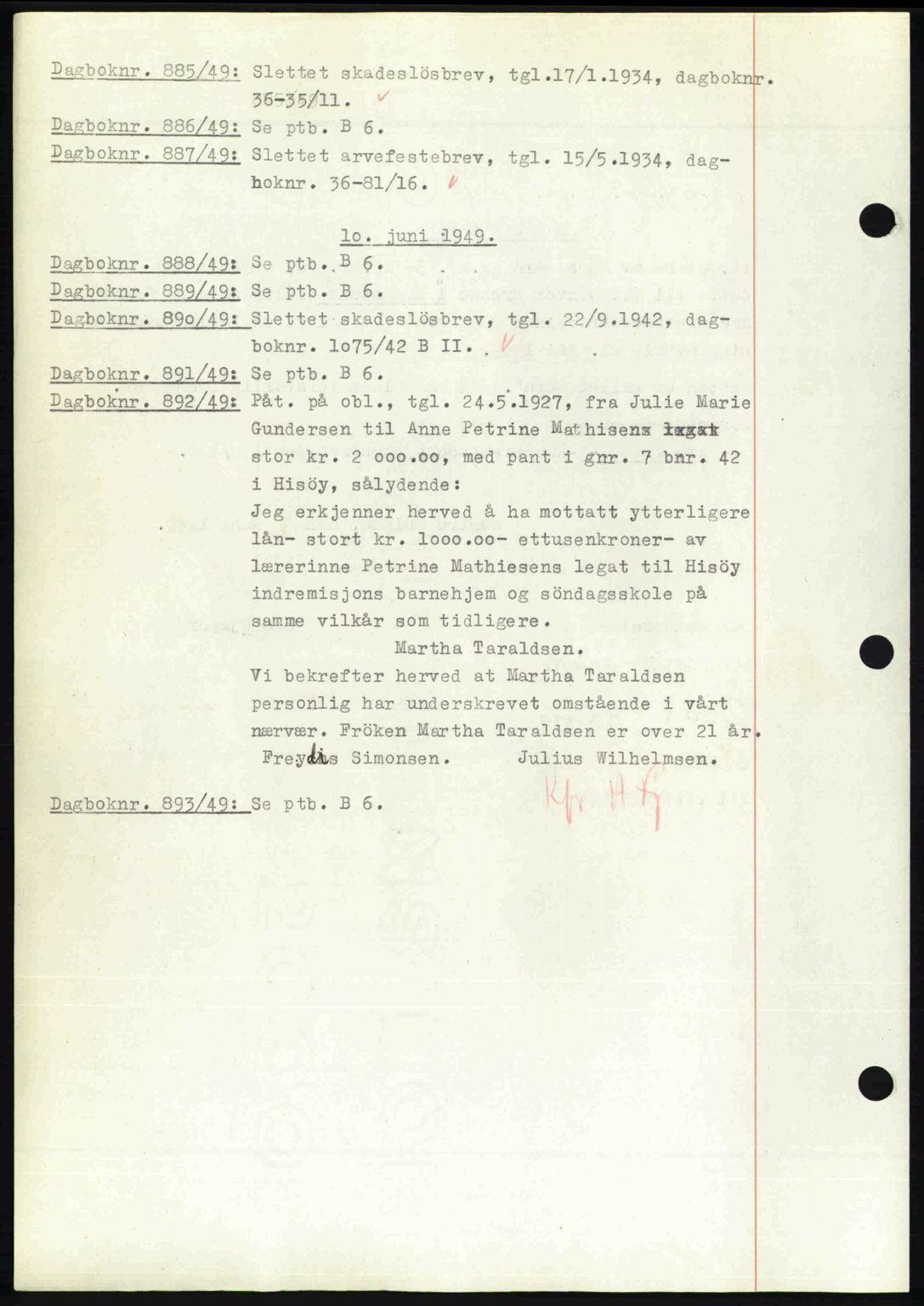 Nedenes sorenskriveri, SAK/1221-0006/G/Gb/Gba/L0060: Mortgage book no. A12, 1948-1949, Diary no: : 885/1949