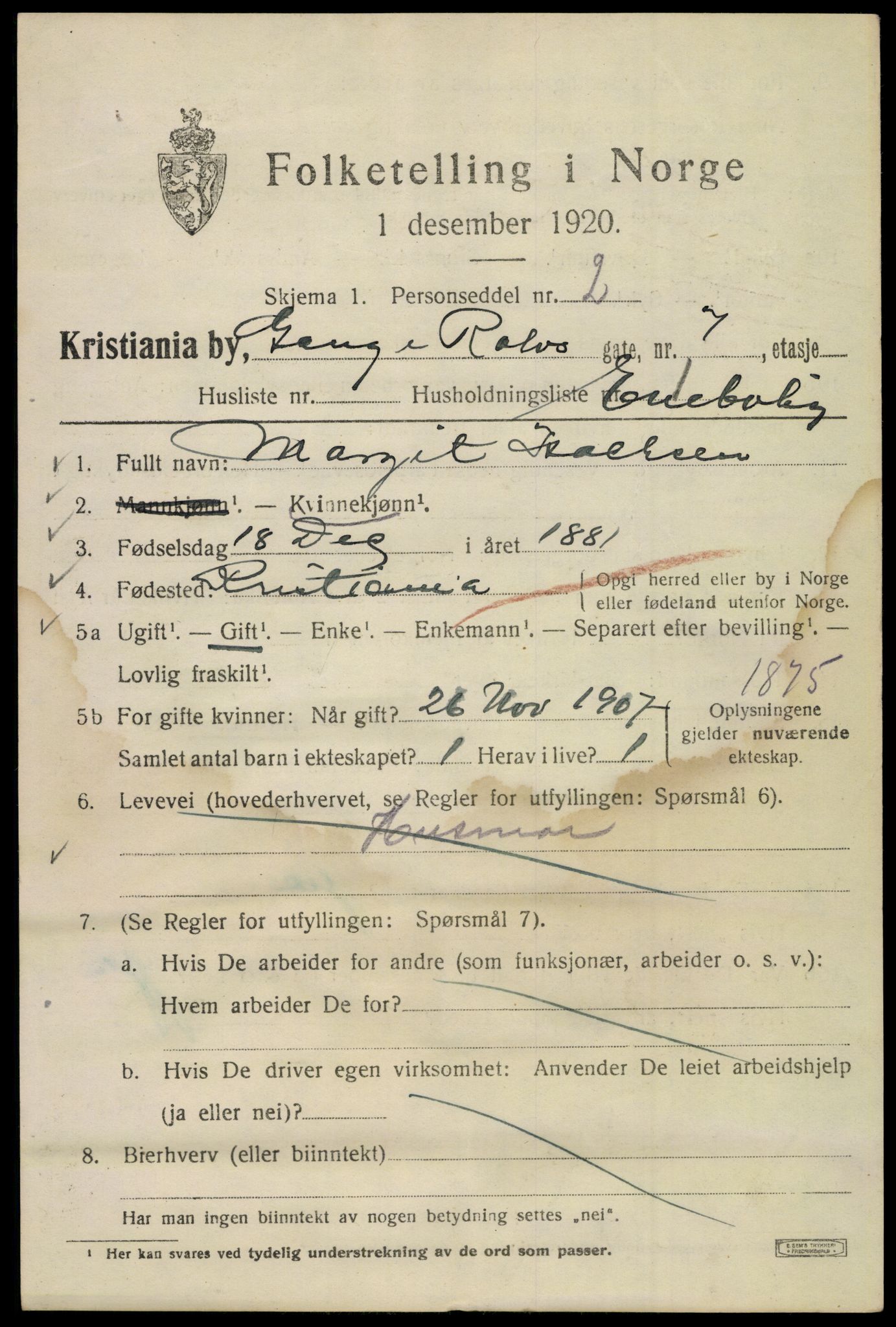 SAO, 1920 census for Kristiania, 1920, p. 247019