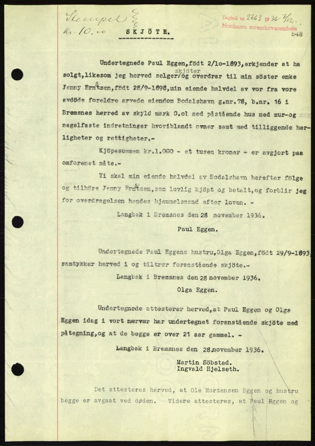 Nordmøre sorenskriveri, AV/SAT-A-4132/1/2/2Ca: Mortgage book no. A80, 1936-1937, Diary no: : 2763/1936