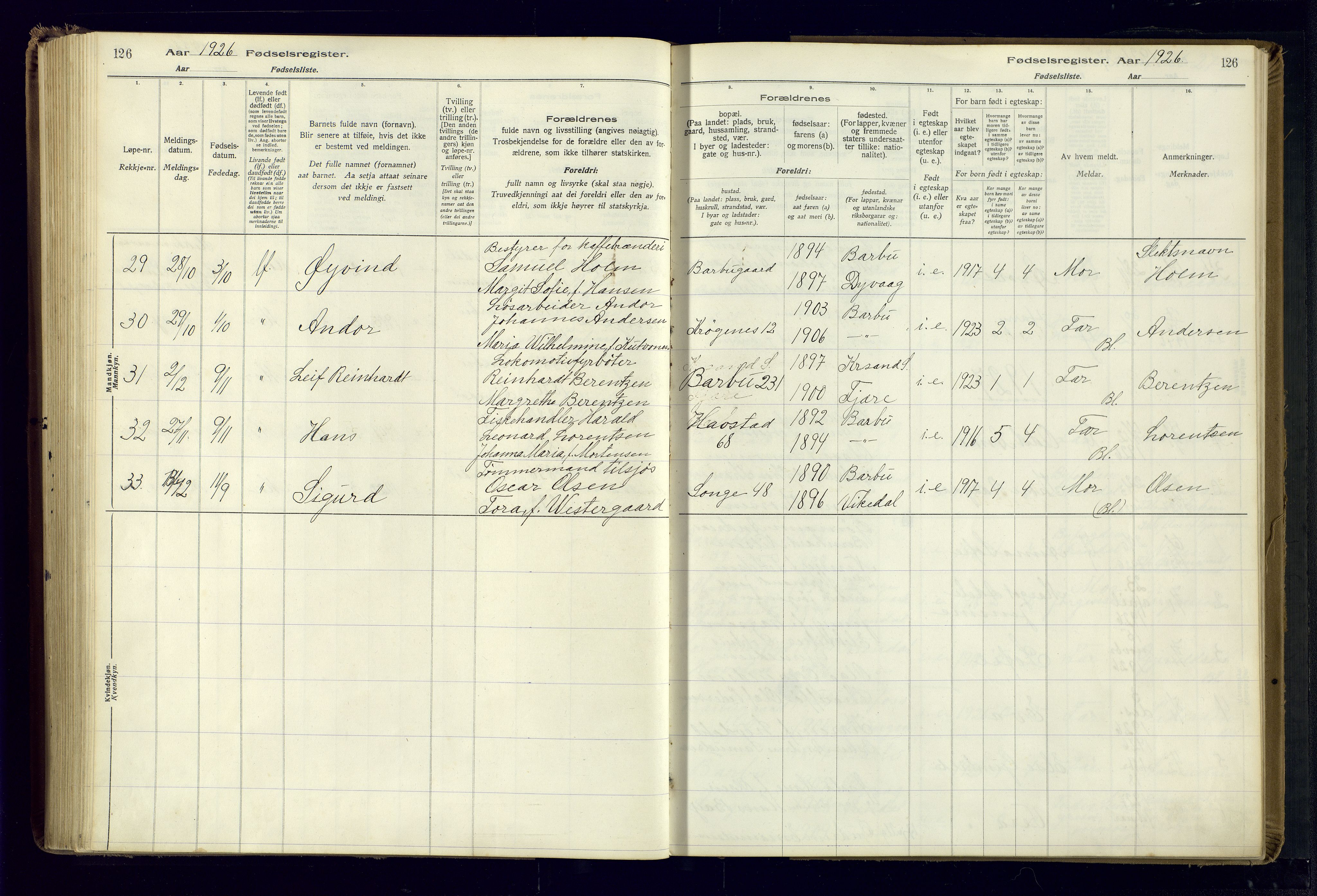 Barbu sokneprestkontor, SAK/1111-0003/J/Ja/L0001: Birth register no. A-VIII-1, 1916-1937, p. 126