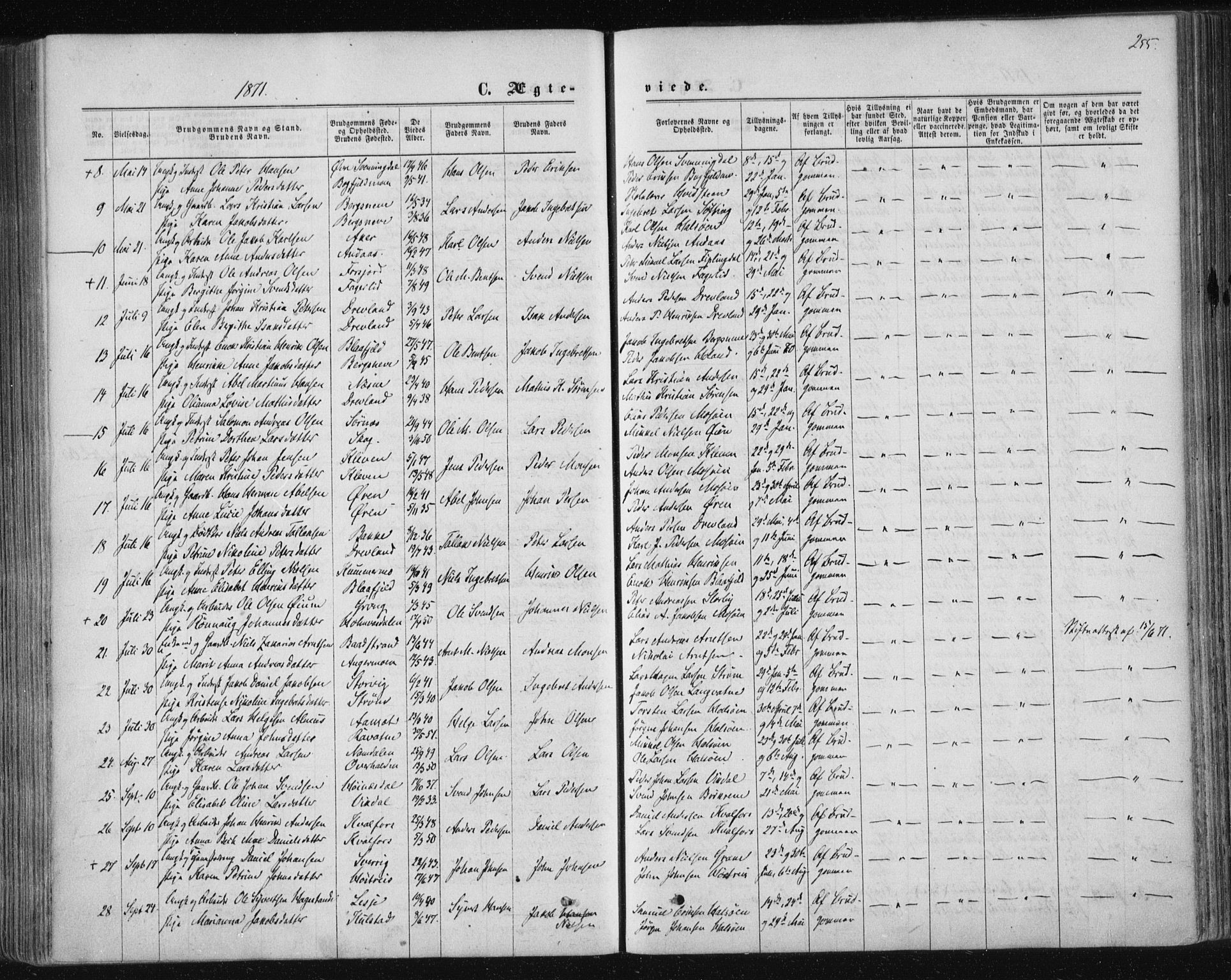 Ministerialprotokoller, klokkerbøker og fødselsregistre - Nordland, SAT/A-1459/820/L0294: Parish register (official) no. 820A15, 1866-1879, p. 255