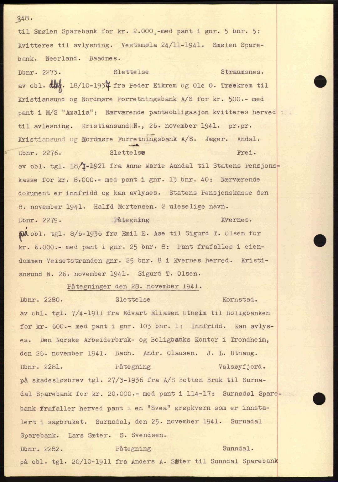 Nordmøre sorenskriveri, AV/SAT-A-4132/1/2/2Ca: Mortgage book no. C81, 1940-1945, Diary no: : 2273/1941