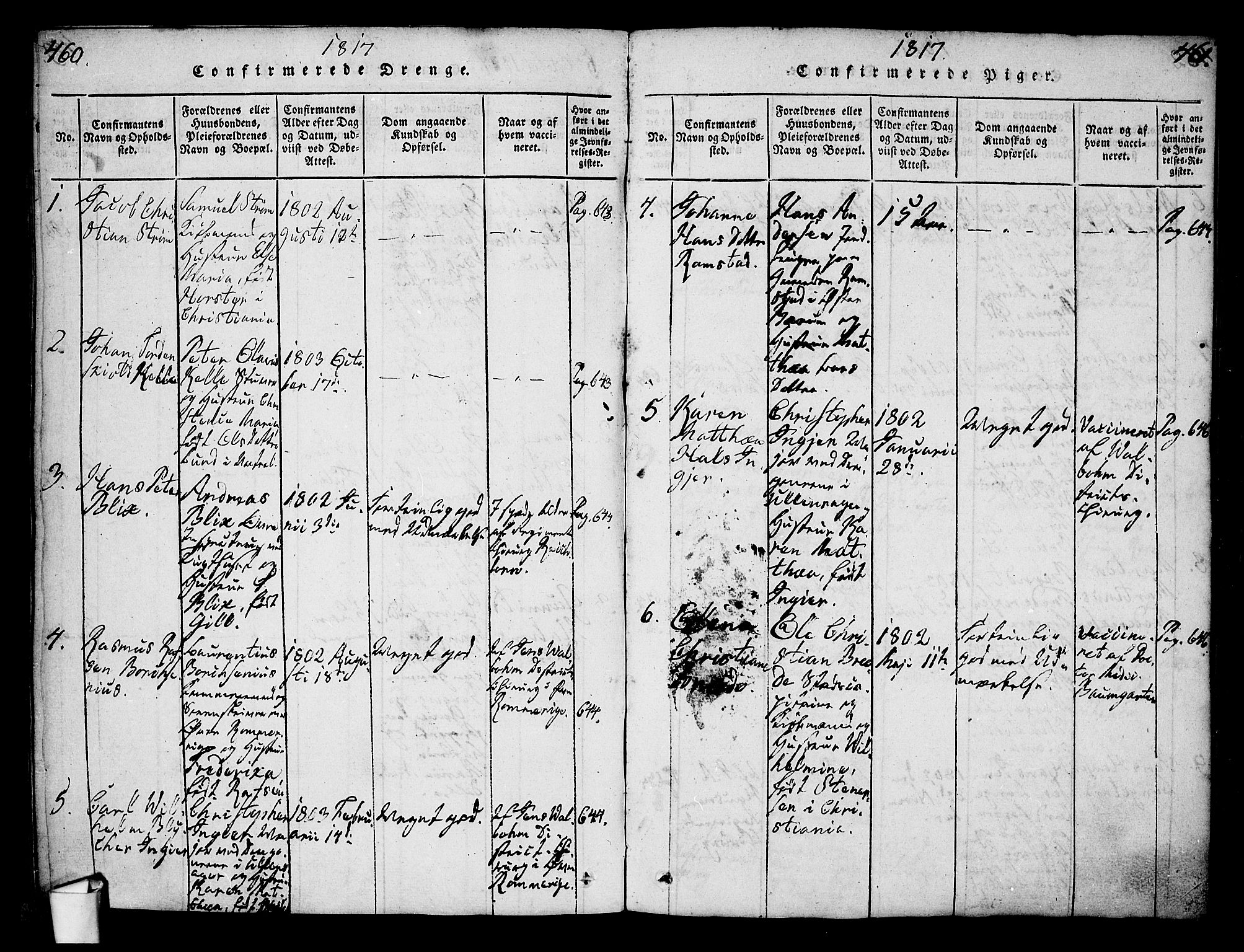 Oslo domkirke Kirkebøker, SAO/A-10752/G/Ga/L0001: Parish register (copy) no. 1, 1817-1825, p. 460-461