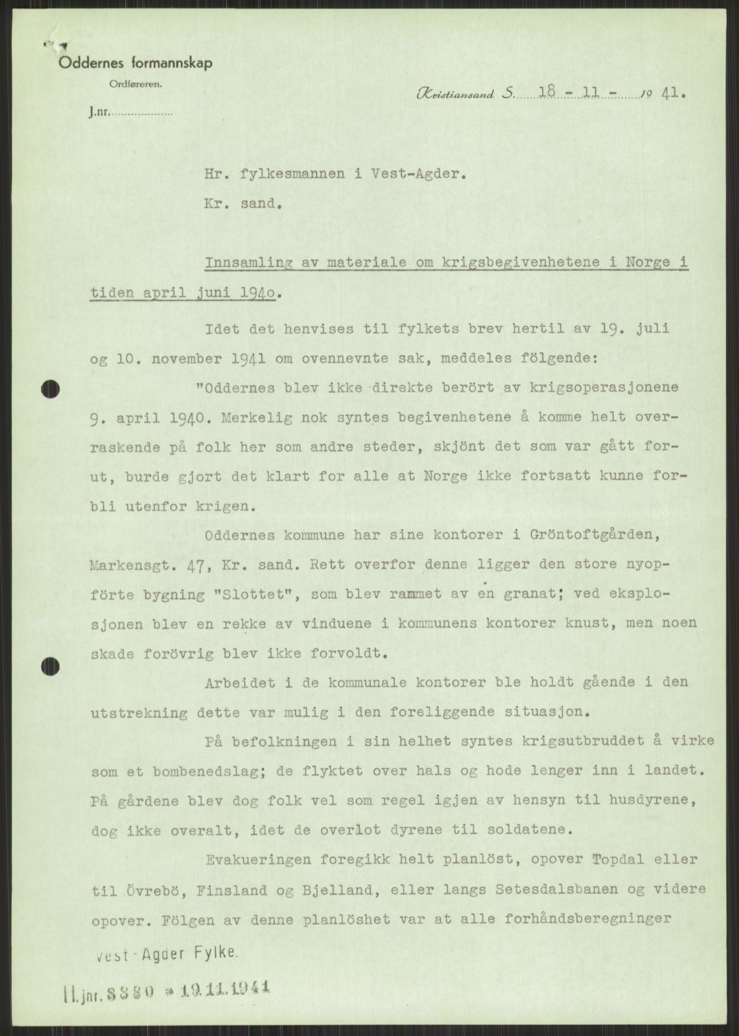 Forsvaret, Forsvarets krigshistoriske avdeling, AV/RA-RAFA-2017/Y/Ya/L0014: II-C-11-31 - Fylkesmenn.  Rapporter om krigsbegivenhetene 1940., 1940, p. 879