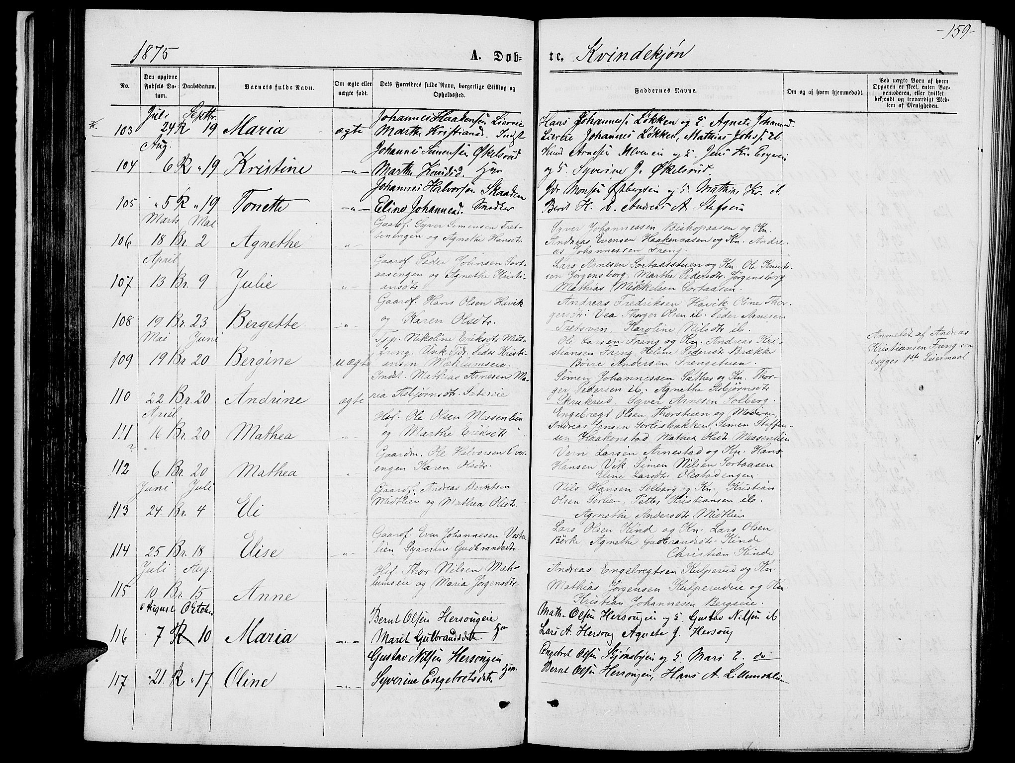 Ringsaker prestekontor, AV/SAH-PREST-014/L/La/L0008: Parish register (copy) no. 8, 1870-1878, p. 159