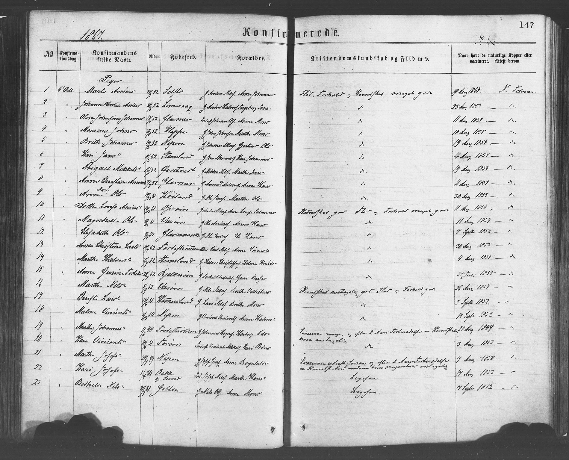 Sund sokneprestembete, SAB/A-99930: Parish register (official) no. A 15, 1867-1881, p. 147