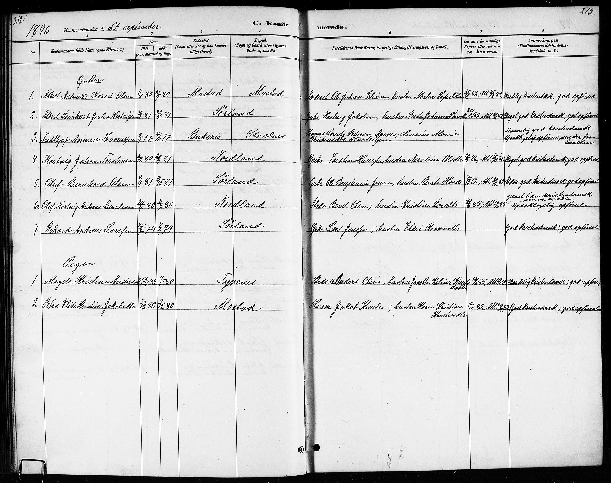 Ministerialprotokoller, klokkerbøker og fødselsregistre - Nordland, AV/SAT-A-1459/807/L0123: Parish register (copy) no. 807C01, 1884-1910, p. 212-213