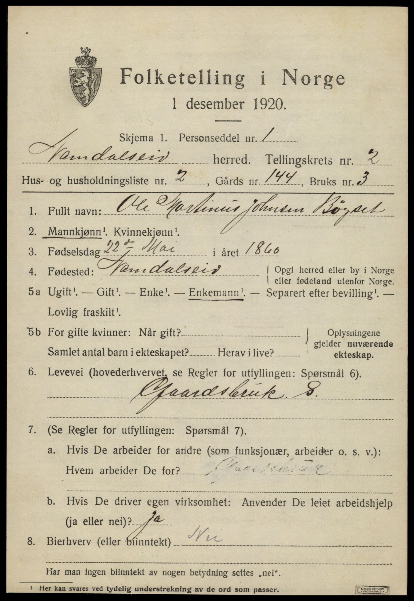 SAT, 1920 census for Namdalseid, 1920, p. 1354