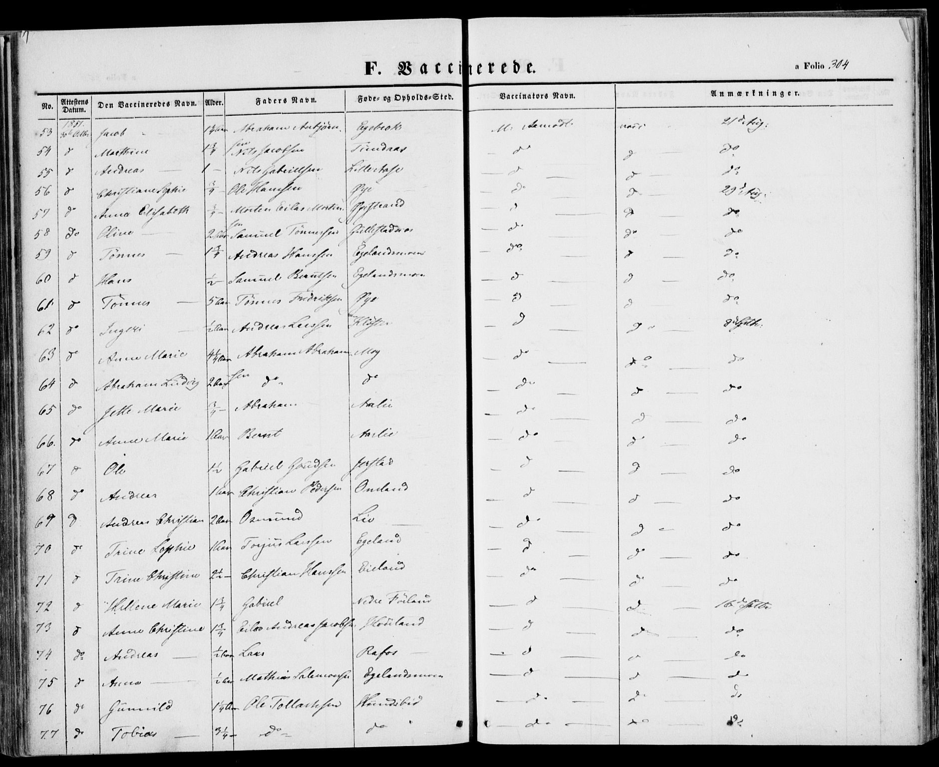 Kvinesdal sokneprestkontor, SAK/1111-0026/F/Fa/Fab/L0005: Parish register (official) no. A 5, 1844-1857, p. 304