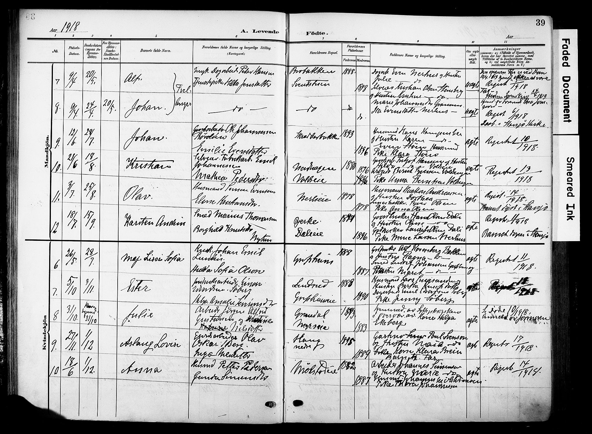 Nes prestekontor, Hedmark, AV/SAH-PREST-020/K/Ka/L0014: Parish register (official) no. 14, 1906-1929, p. 39