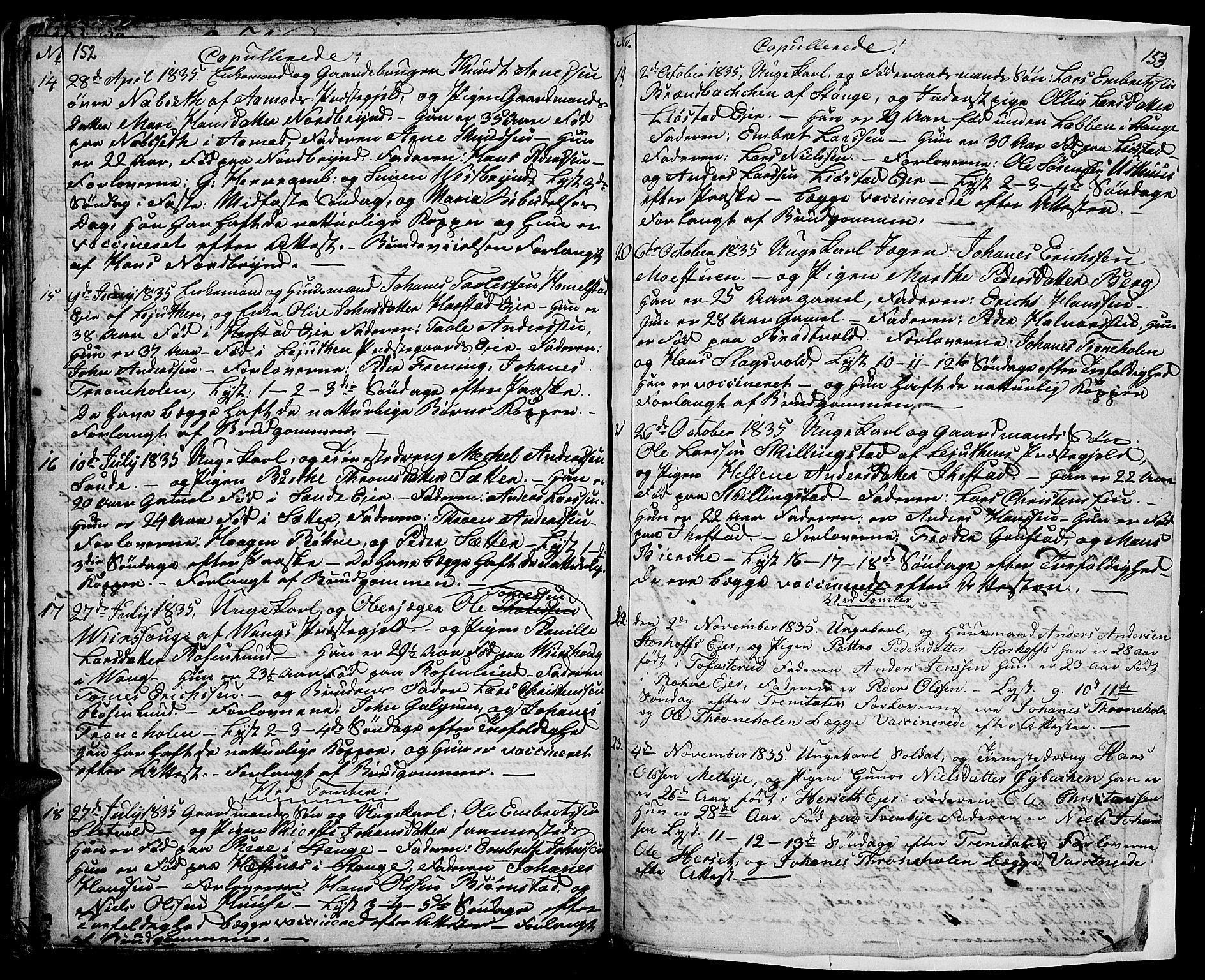 Romedal prestekontor, SAH/PREST-004/L/L0007: Parish register (copy) no. 7, 1831-1837, p. 152-153