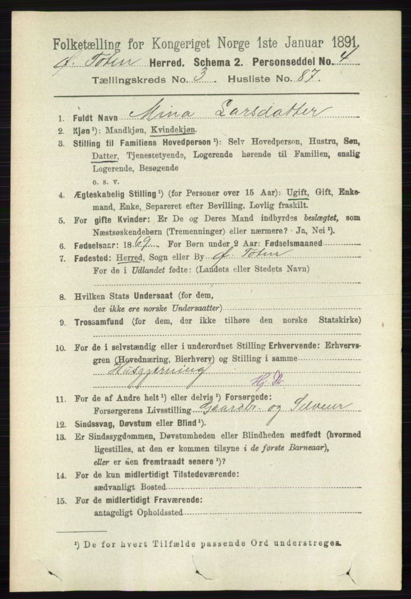 RA, 1891 census for 0528 Østre Toten, 1891, p. 2052