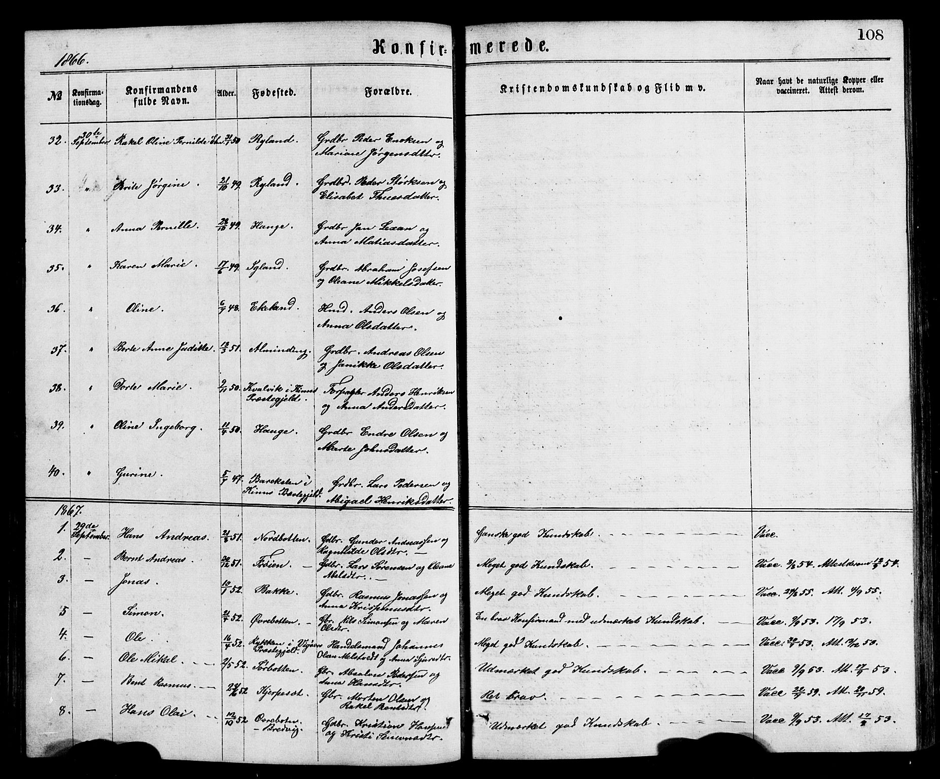 Bremanger sokneprestembete, SAB/A-82201/H/Hab/Haba/L0002: Parish register (copy) no. A 2, 1866-1889, p. 108