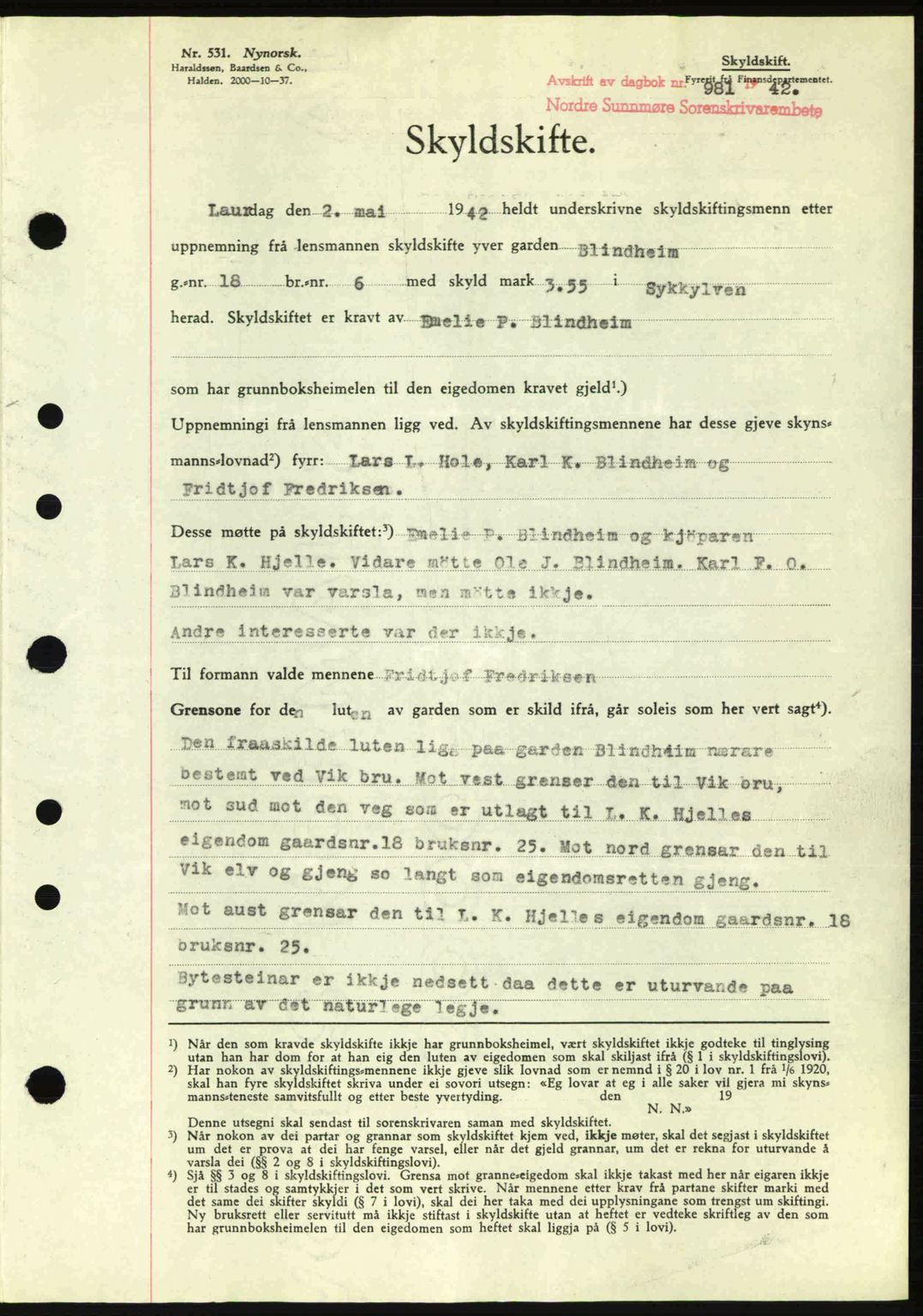 Nordre Sunnmøre sorenskriveri, AV/SAT-A-0006/1/2/2C/2Ca: Mortgage book no. A13, 1942-1942, Diary no: : 981/1942