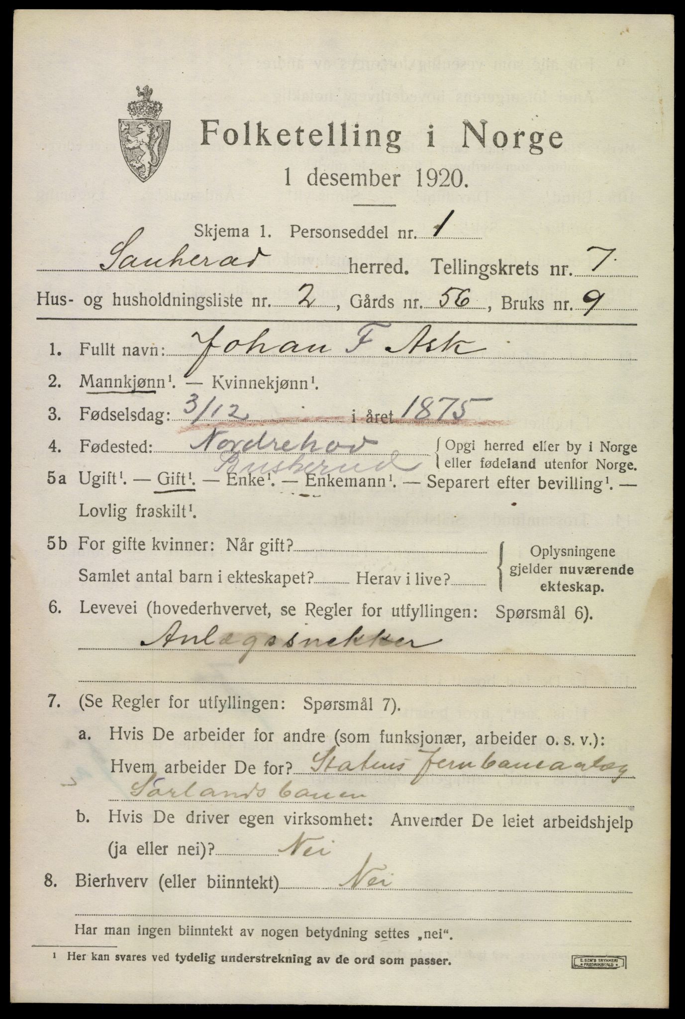 SAKO, 1920 census for Sauherad, 1920, p. 5611