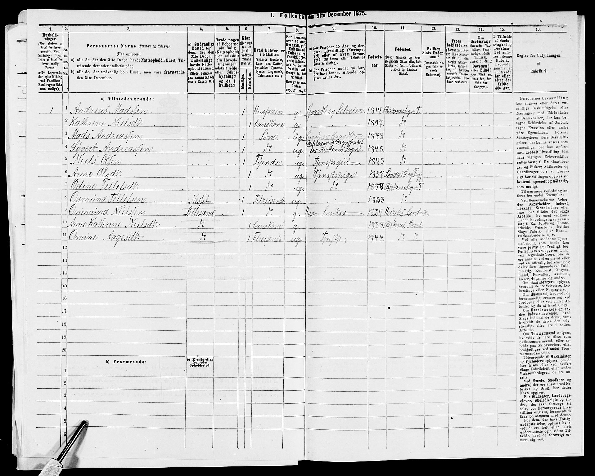 SAK, 1875 census for 1013P Tveit, 1875, p. 1103