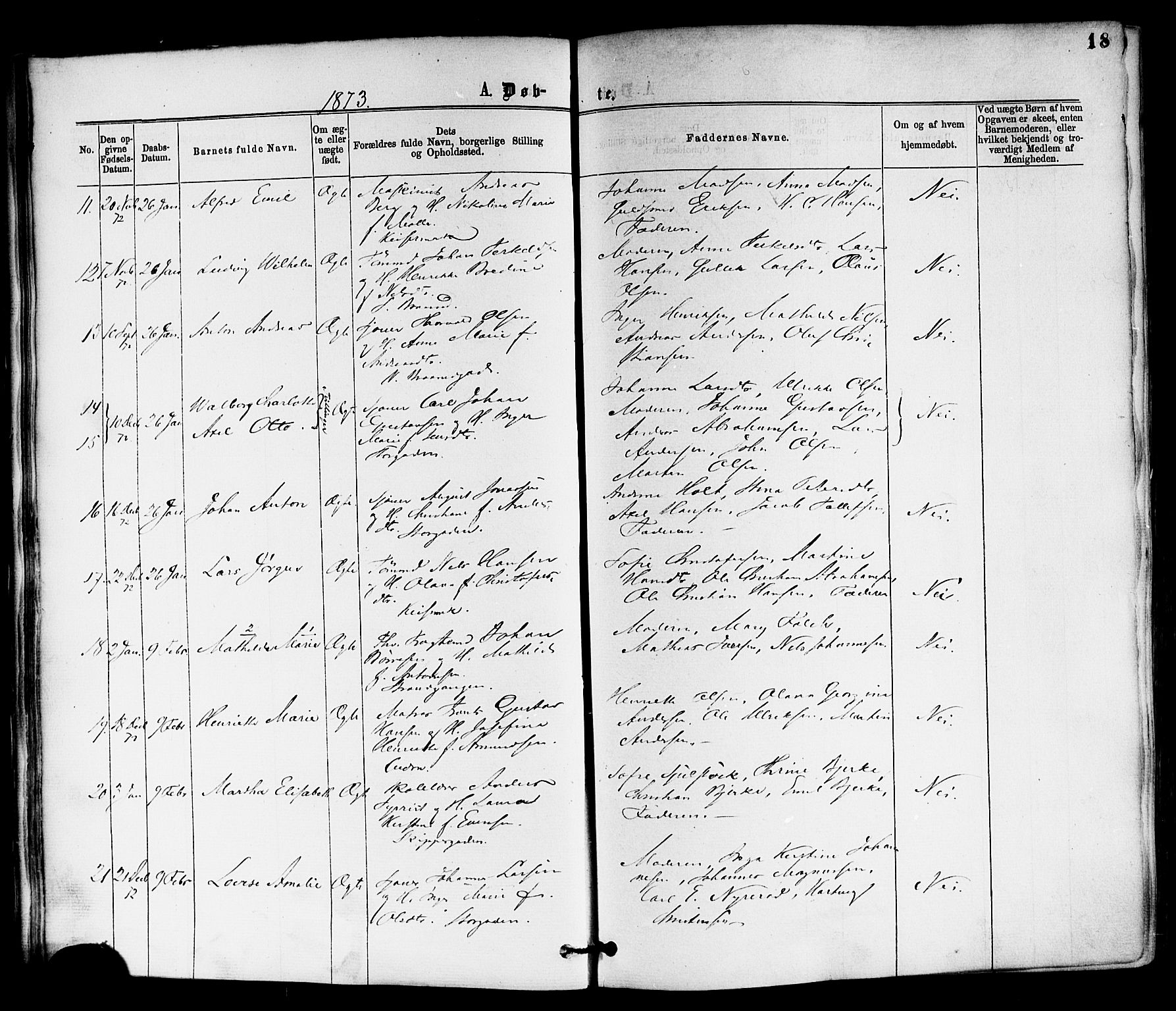 Horten kirkebøker, AV/SAKO-A-348/F/Fa/L0002: Parish register (official) no. 2, 1872-1877, p. 18