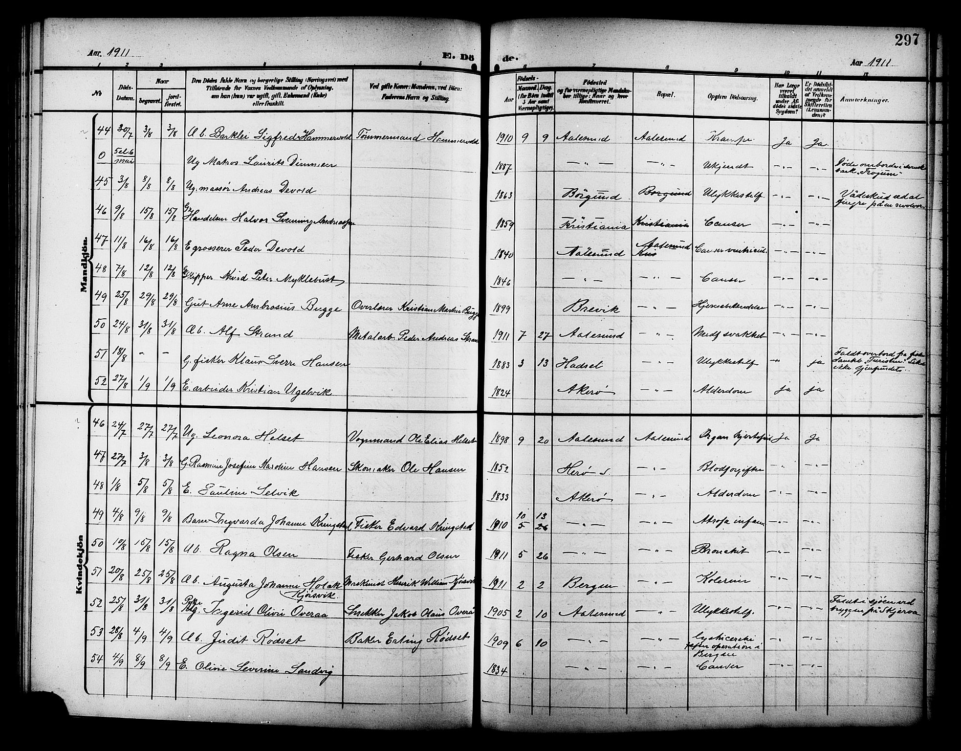 Ministerialprotokoller, klokkerbøker og fødselsregistre - Møre og Romsdal, AV/SAT-A-1454/529/L0470: Parish register (copy) no. 529C07, 1907-1917, p. 297