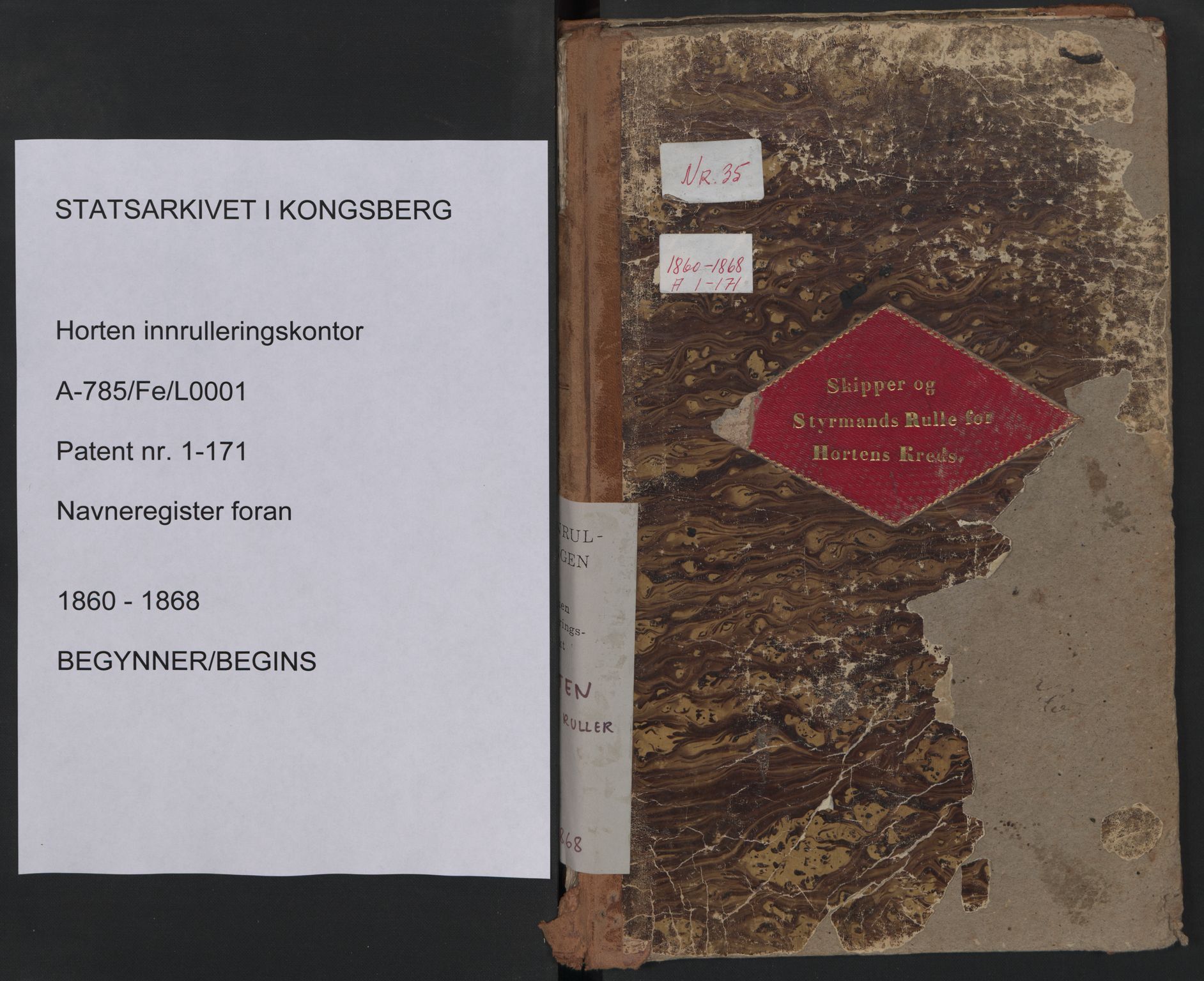 Horten innrulleringskontor, AV/SAKO-A-785/F/Fe/L0001: Patent nr. 1-171, 1860-1868