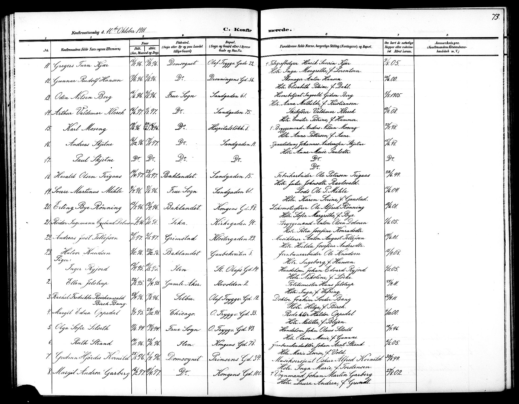 Ministerialprotokoller, klokkerbøker og fødselsregistre - Sør-Trøndelag, SAT/A-1456/602/L0146: Parish register (copy) no. 602C14, 1904-1914, p. 73