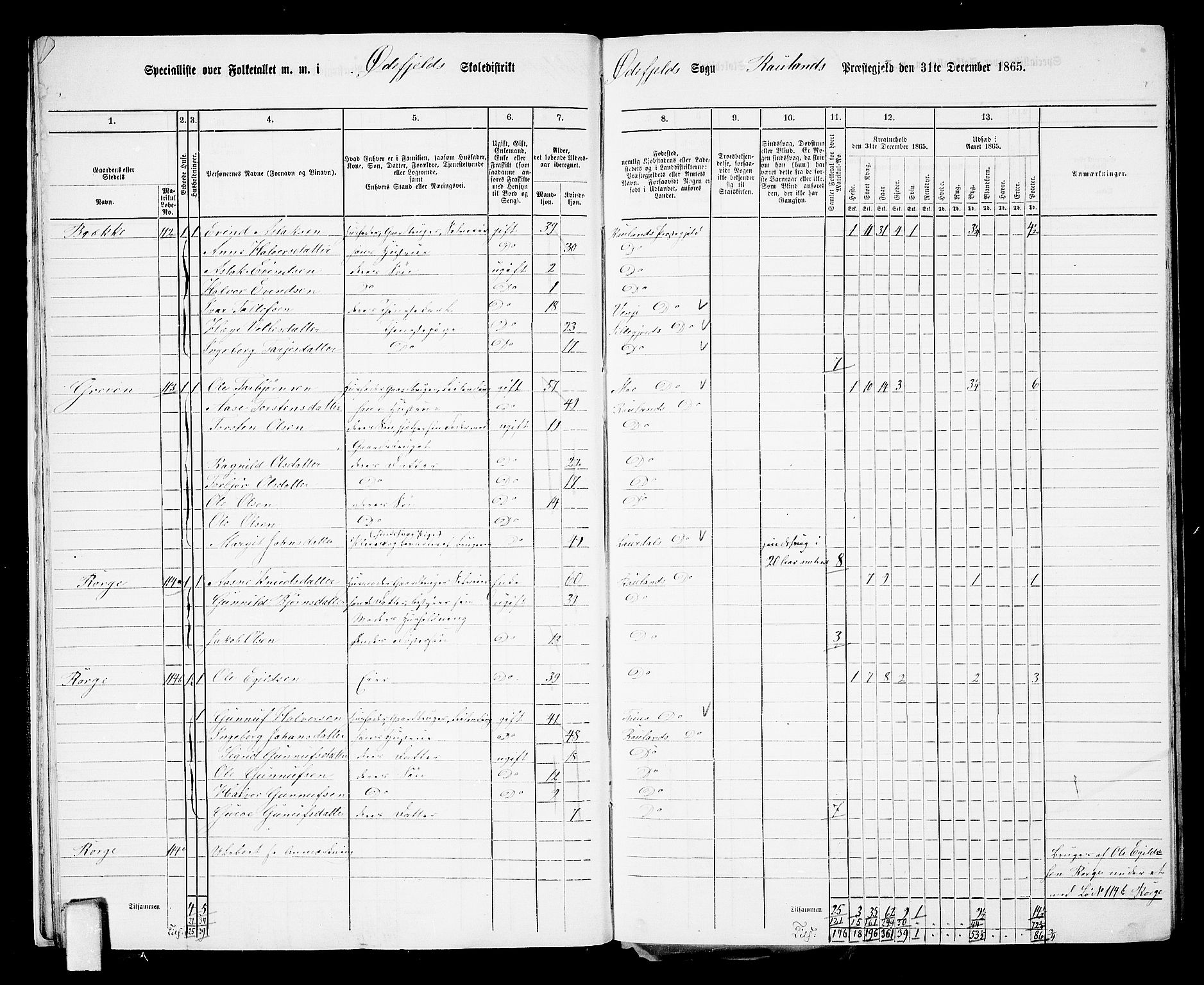 RA, 1865 census for Rauland, 1865, p. 17