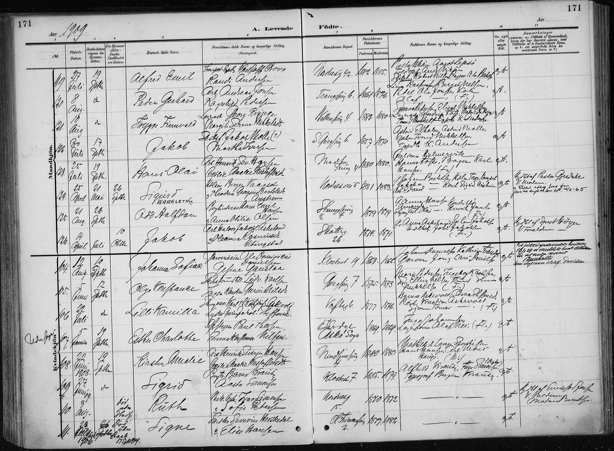 Nykirken Sokneprestembete, AV/SAB-A-77101/H/Haa/L0019: Parish register (official) no. B 7, 1904-1916, p. 171