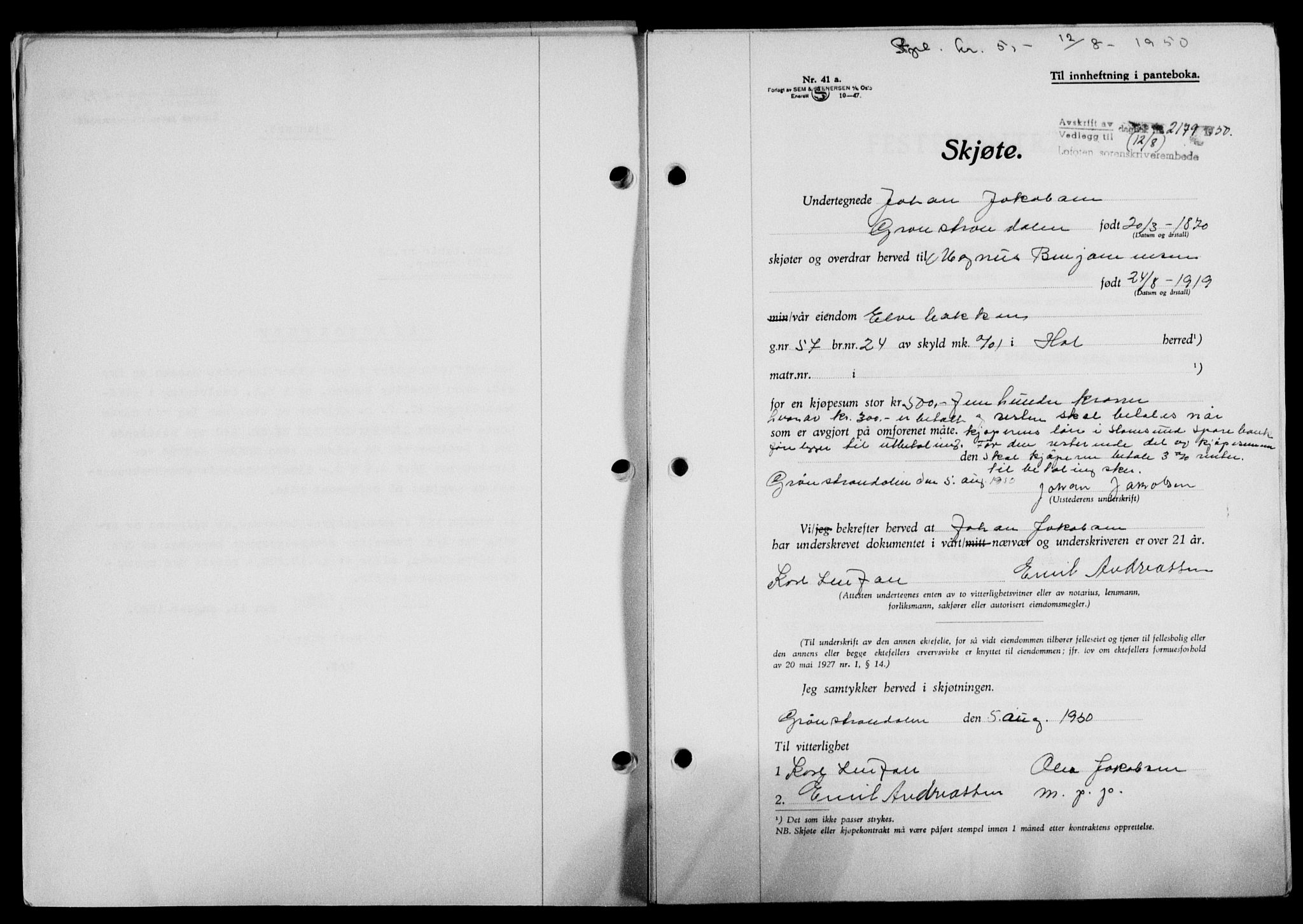 Lofoten sorenskriveri, SAT/A-0017/1/2/2C/L0024a: Mortgage book no. 24a, 1950-1950, Diary no: : 2179/1950