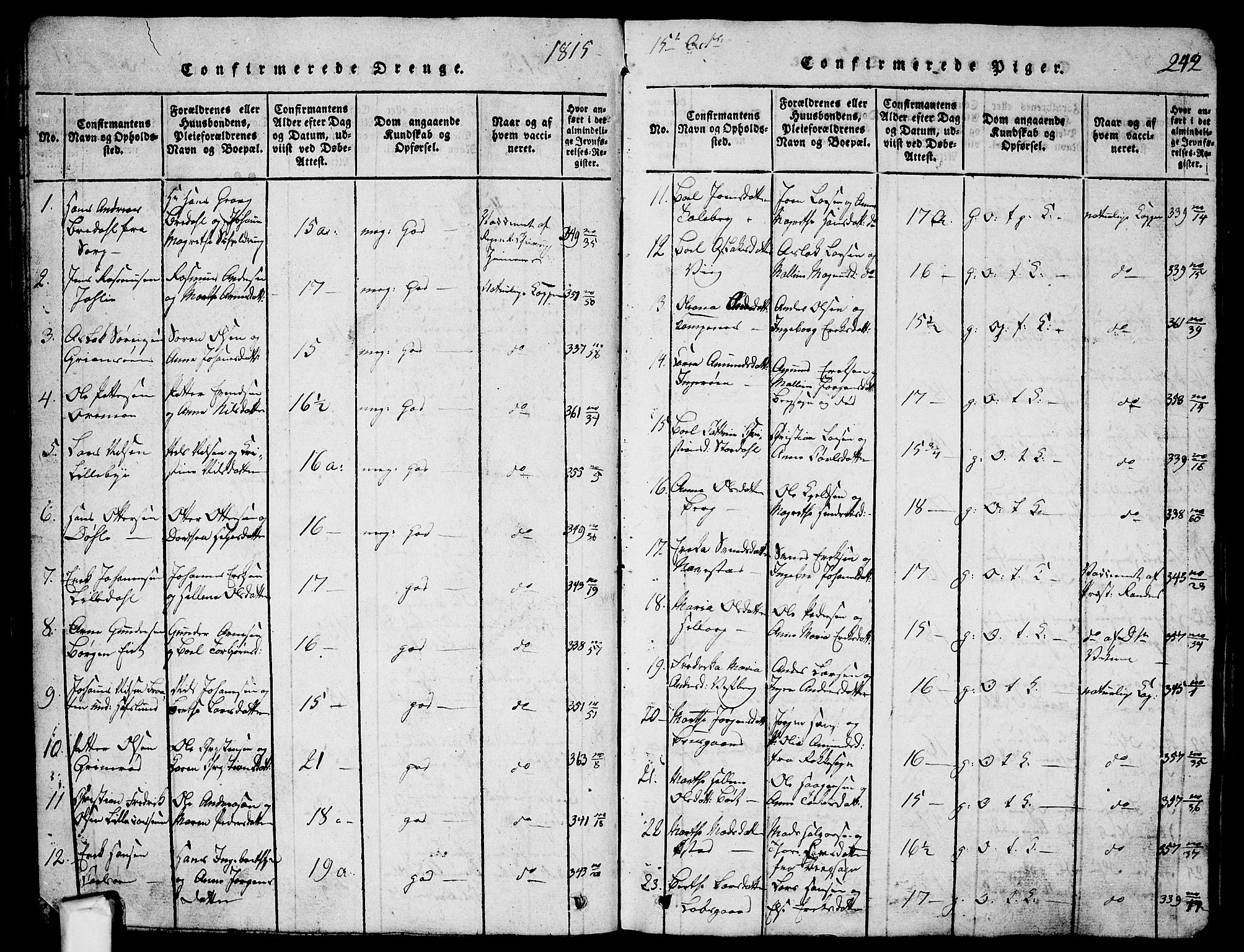 Skjeberg prestekontor Kirkebøker, AV/SAO-A-10923/G/Ga/L0001: Parish register (copy) no. I 1, 1815-1830, p. 242