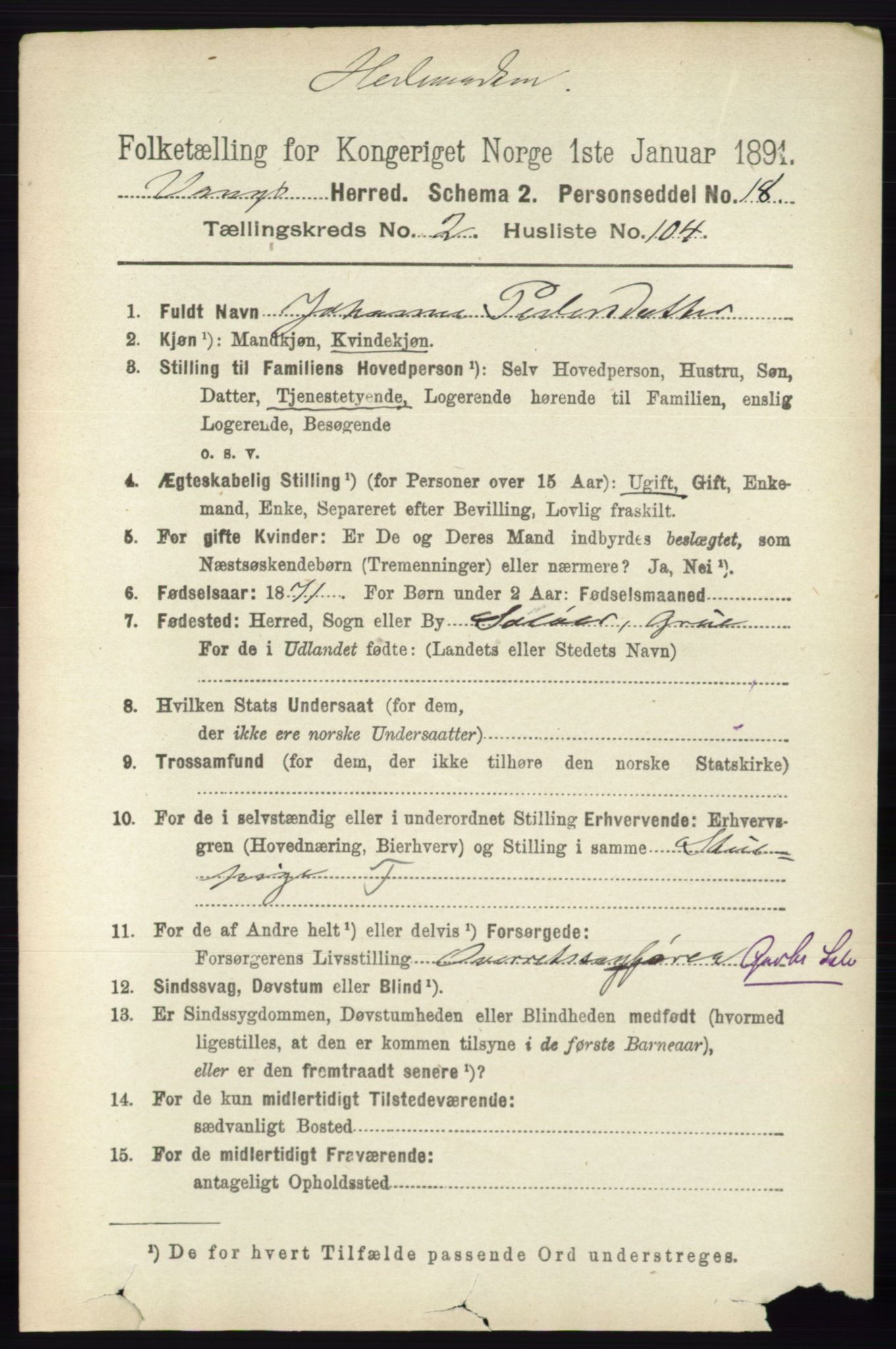 RA, 1891 census for 0414 Vang, 1891, p. 1744