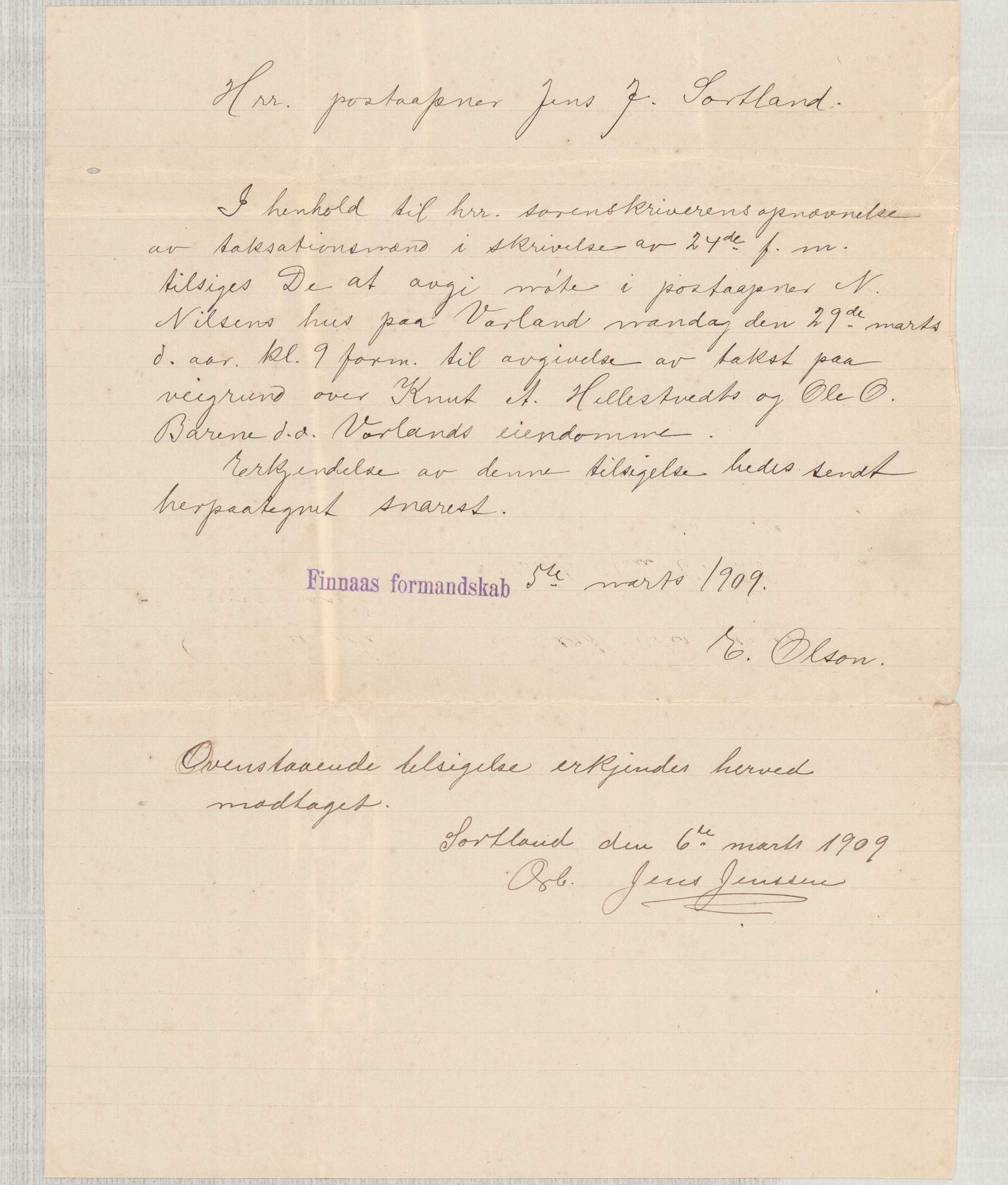 Finnaas kommune. Formannskapet, IKAH/1218a-021/D/Da/L0001/0011: Korrespondanse / saker / Kronologisk ordna korrespondanse , 1908-1912, p. 5