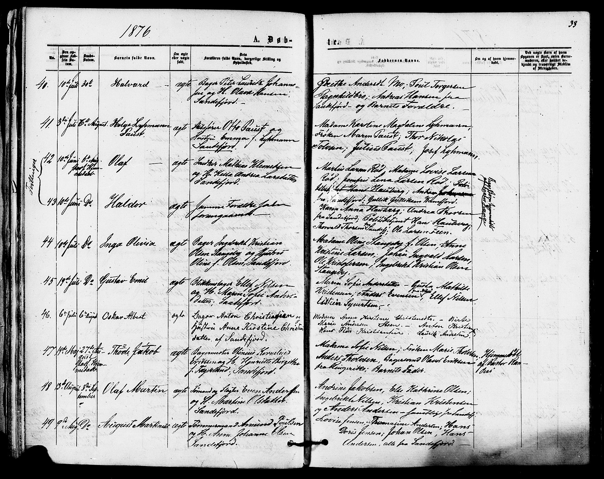 Sandefjord kirkebøker, AV/SAKO-A-315/F/Fa/L0001: Parish register (official) no. 1, 1873-1879, p. 33