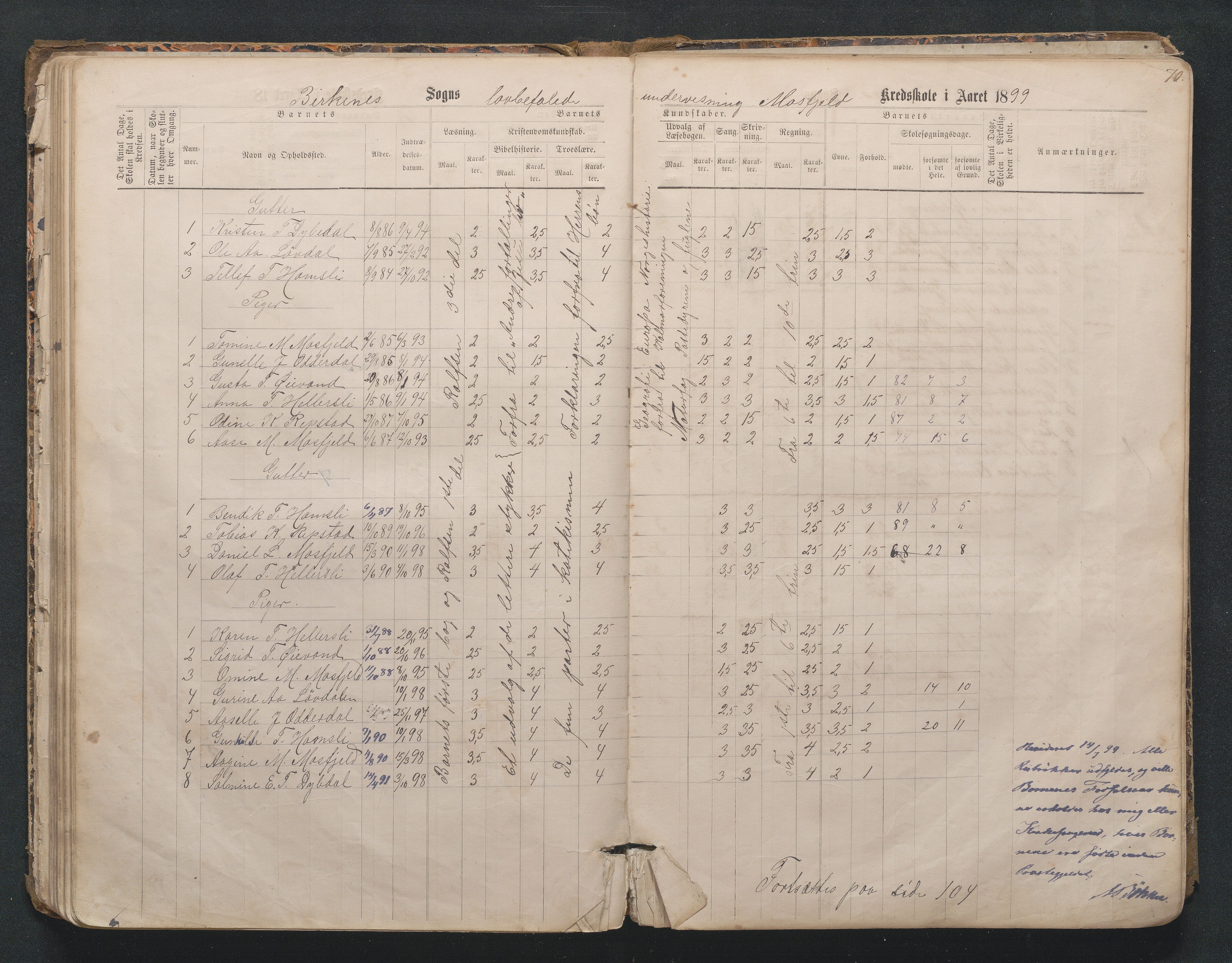 Birkenes kommune, Mosfjell skolekrets, AAKS/KA0928-550f_91/F02/L0001: Skoleprotokoll Flå og Mosfjell, 1867-1909, p. 70